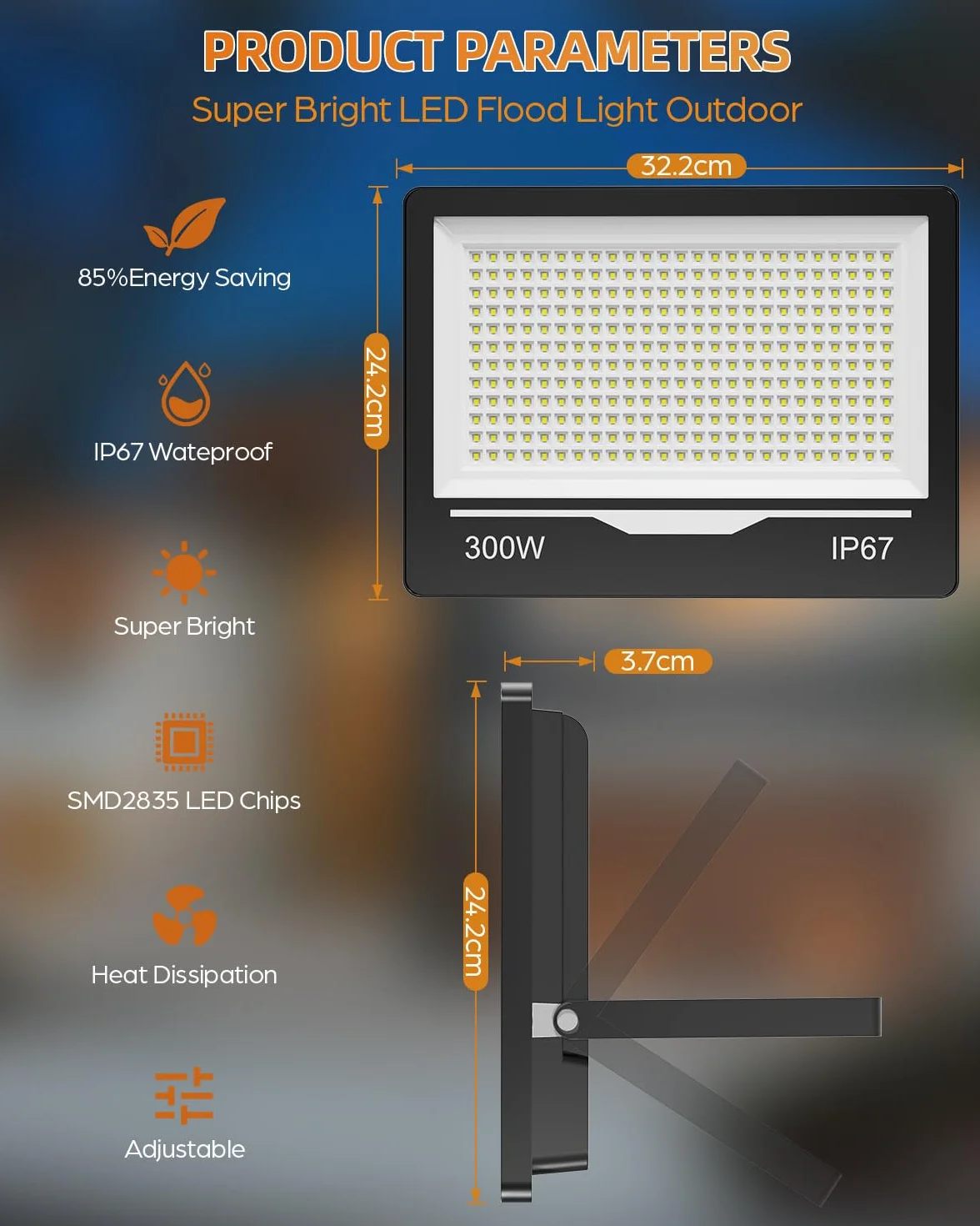Fari Faretto LED da Esterno 300W 1 Pezzi - 30000LM 6500K Luce Fredda Faro Faretti LED Esterno IP67 Impermeabile per Giardino, Patio, Terrazza, Garage