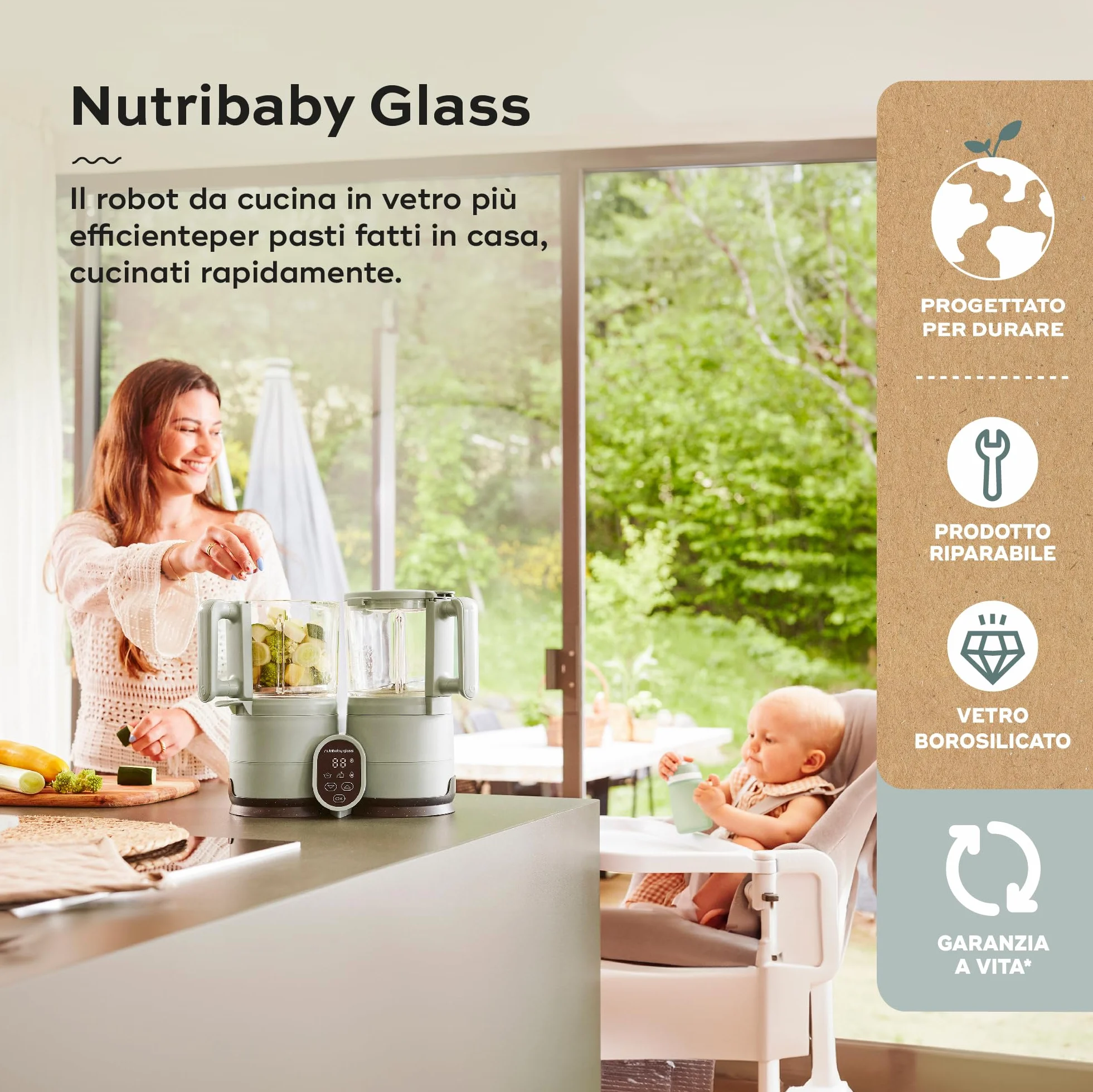 Babymoov Nutribaby Frullatore Vaporizzatore Vetro 4 in 1 Cuocipappa Svezzamento Riscaldatore Scongelatore Acciaio Inox