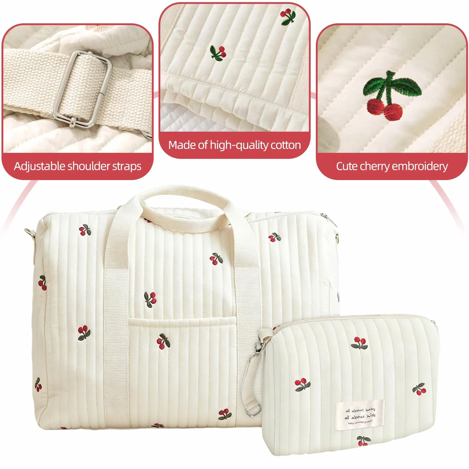 Borsa Parto Ospedale Cotone Trapuntato Ricamo Ciliegia Set 2 Pezzi Maternità Passeggino Viaggio Cambio Neonato Stile Coreano