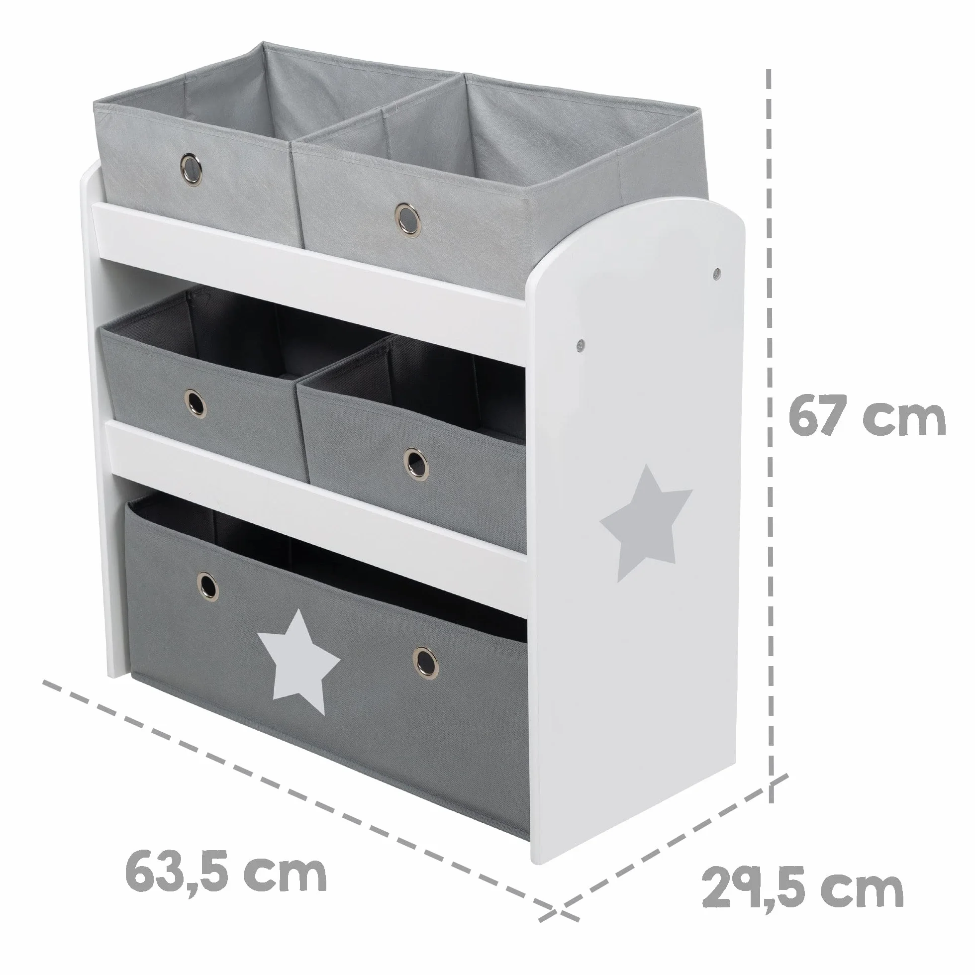 roba Scaffalatura Portaoggetti Stars 5 Scatole Tessuto Grigio 64x30x60 cm Legno Laccato Bianco