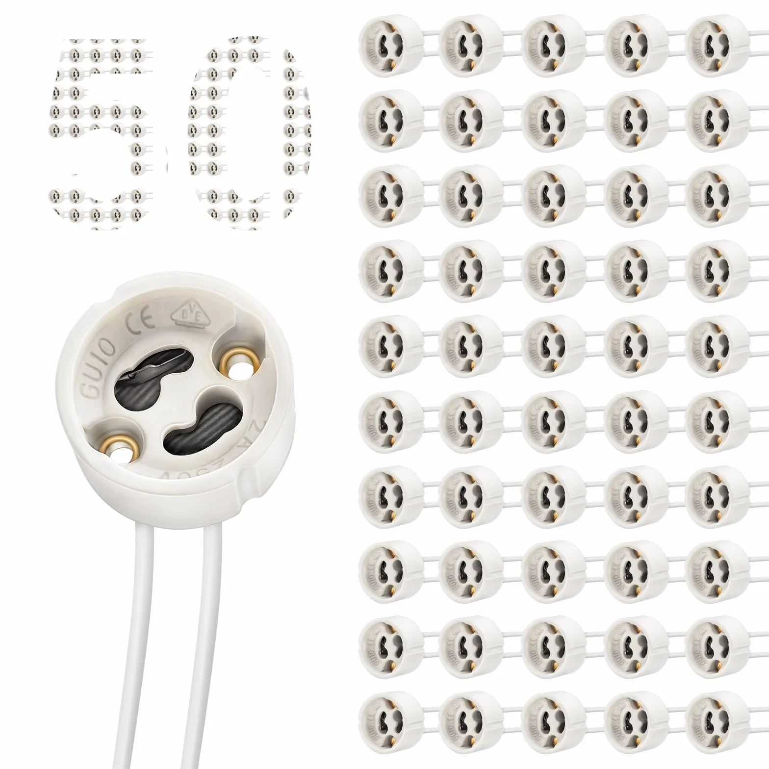 DiCUNO 50P GU10 Portalampada 0,75mm² Silicon Wire Bulb Connector Base lampada per LED e alogeni, 250V, Max 300W