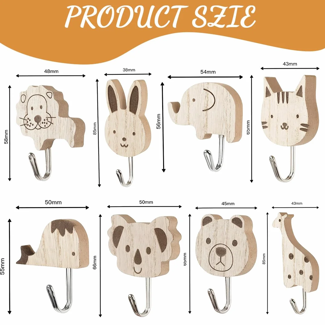 Appendiabiti per bambini in legno set 8 ganci autoadesivi animali elefante balena gatto leone coniglio giraffa