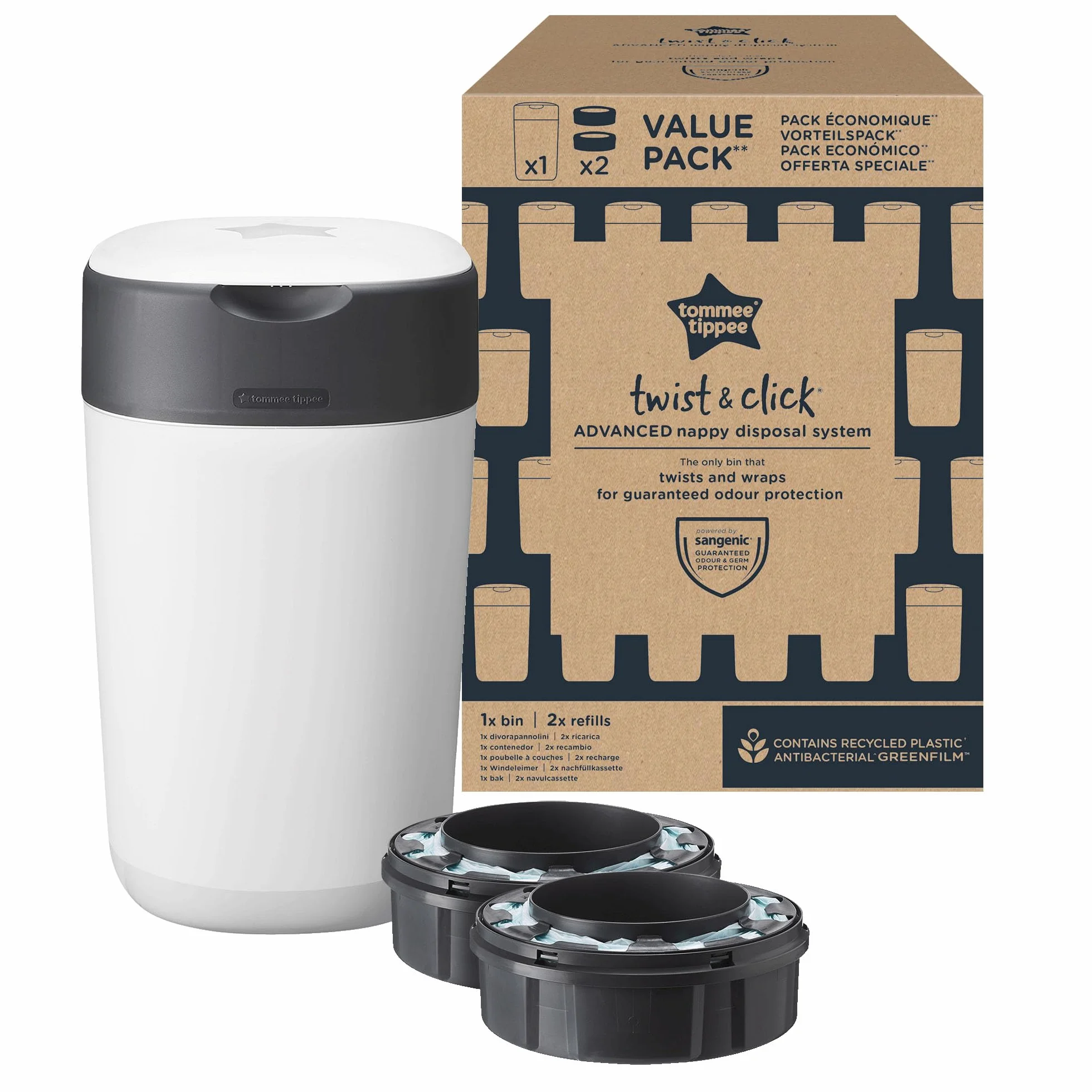 Tommee Tippee Twist and Click Mangiapannolini, confezione esclusiva con 2 ricariche, protezione odori germi, grande capacità