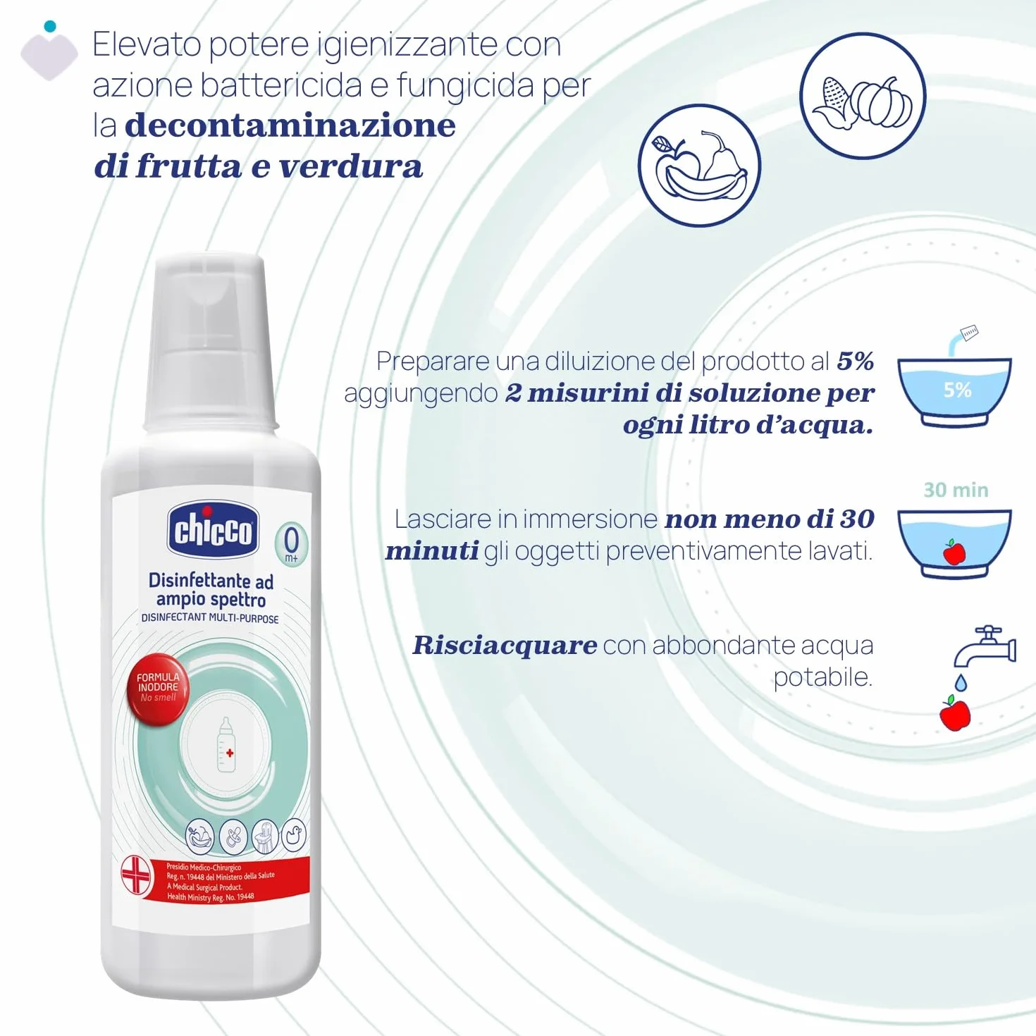 Chicco Liquido Disinfettante Multiuso 1 Litro Igienizzante Biberon Tettarelle Succhietti Giochi Frutta Verdura