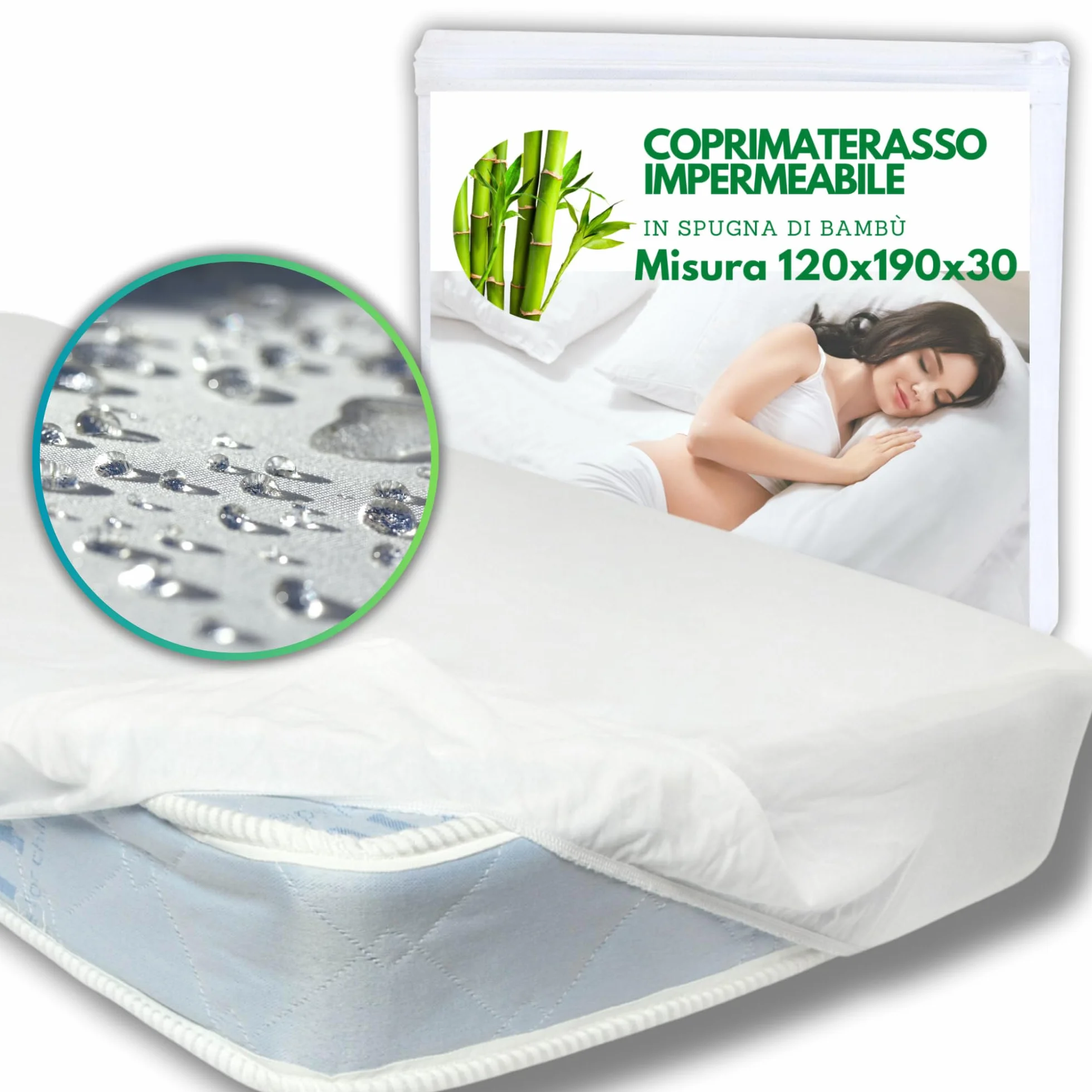 Coprimaterasso Impermeabile in Bambù Una Piazza e Mezzo 120x190x30