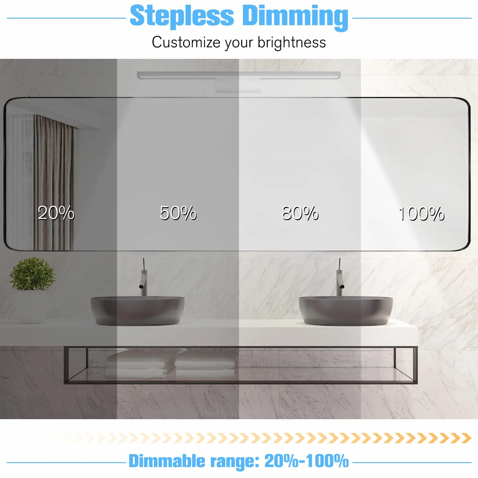 NIORSUN Lampada Specchio Bagno LED 15W 60cm, 1400 Lm, Dimmerazione Libera 3000K - 6000K, Lampada da Specchio Dimmerabile Con Telecomando, Acciaio Inossidabile, Luce Specchio Bagno Impermeabile IP44