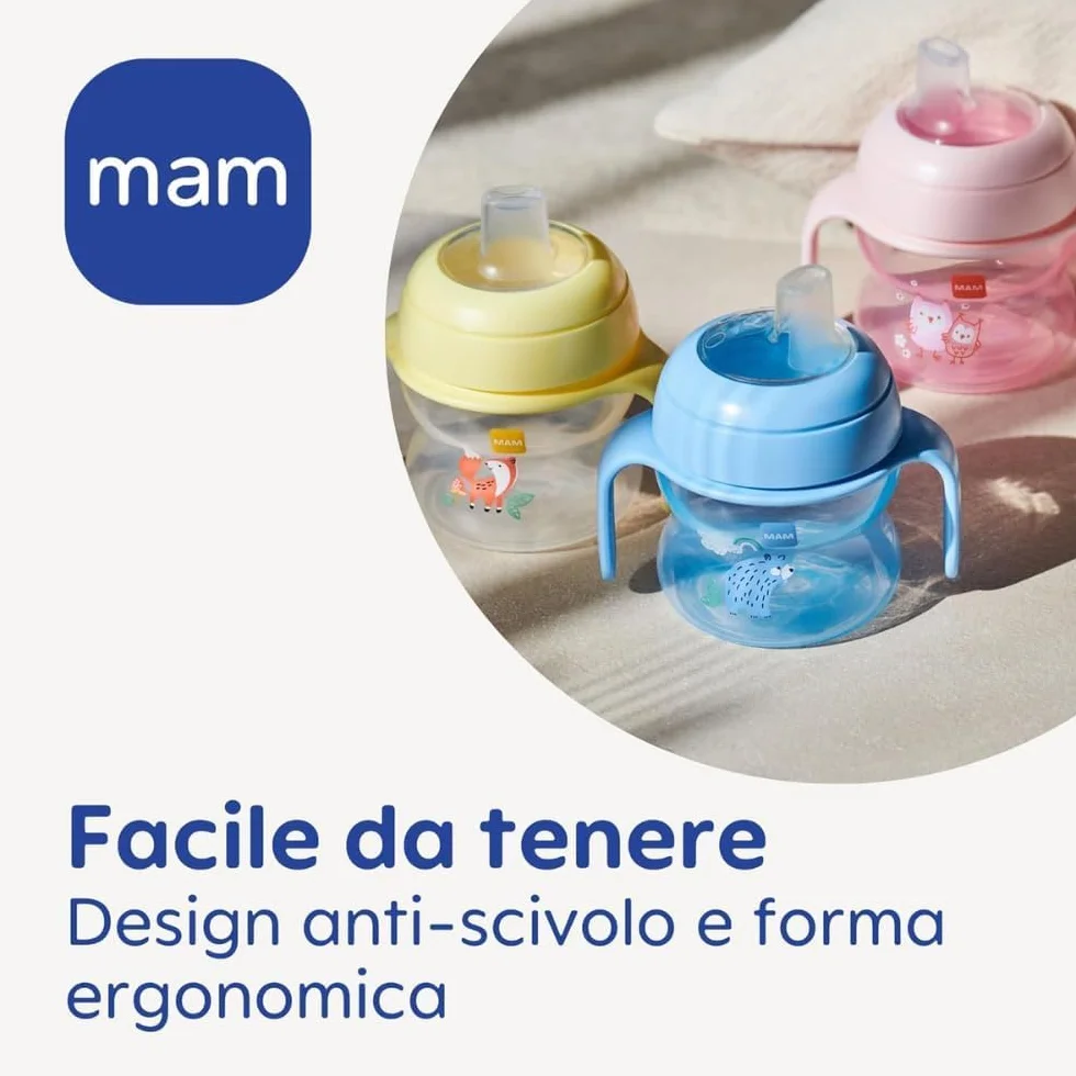 MAM Starter Cup Tazza bambini 150 ml Biberon acqua latte neonati 4+ mesi morbido beccuccio anti-goccia Borraccia neonato forma arrotondata manici antiscivolo Rosa