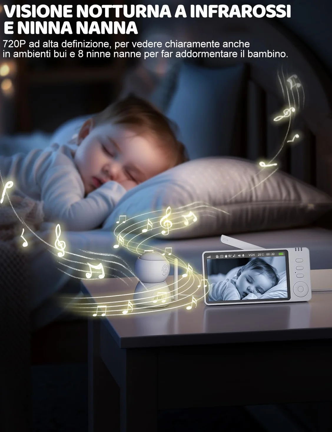 Baby Monitor Video e Audio, Babyphone 5 Pollici 720P HD Zoom Digitale, VOX, Visione Notturna, Monitoraggio Temperatura