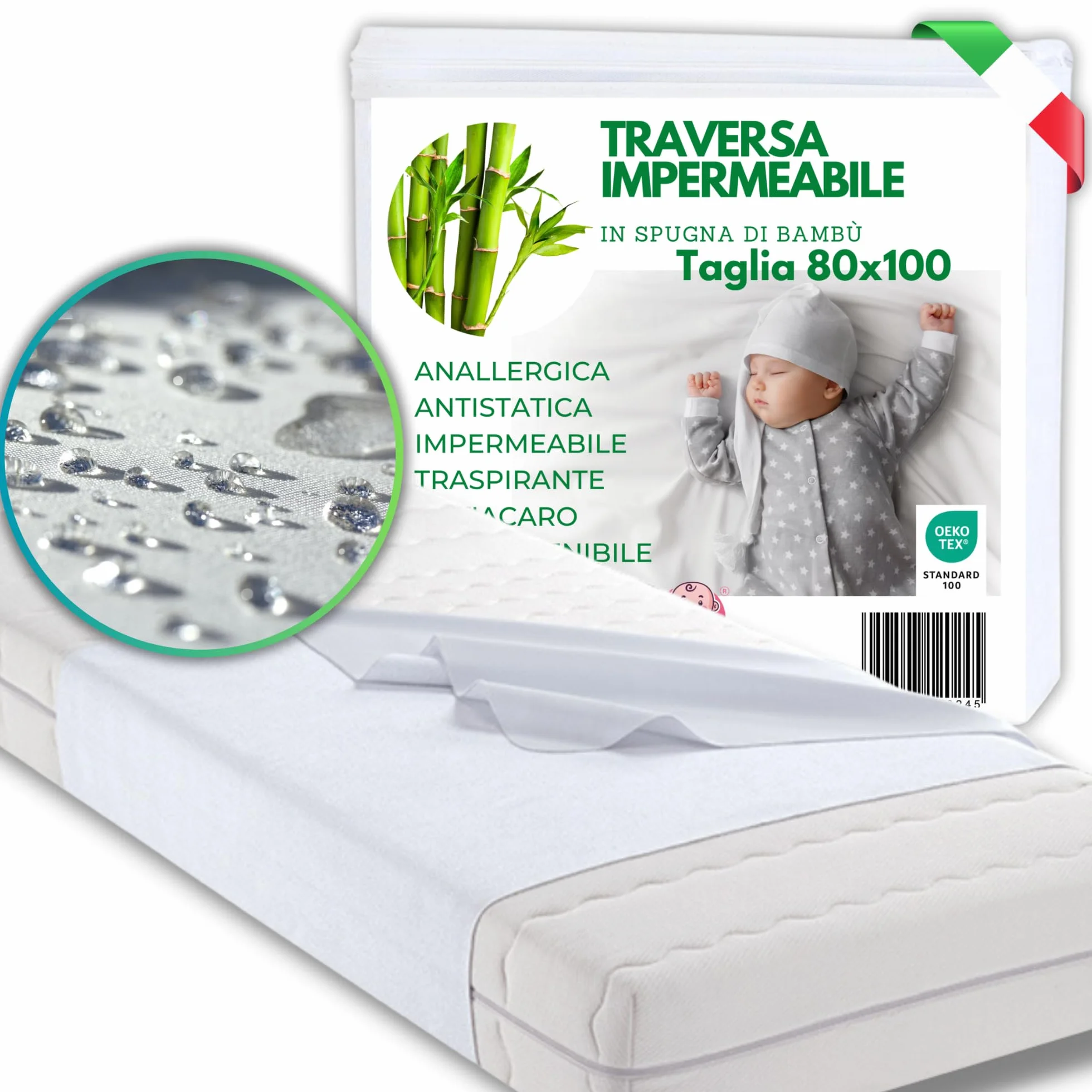 Traversa Impermeabile in Bambù Lavabile 80 x 100 cm Coprimaterasso Lettino Neonato