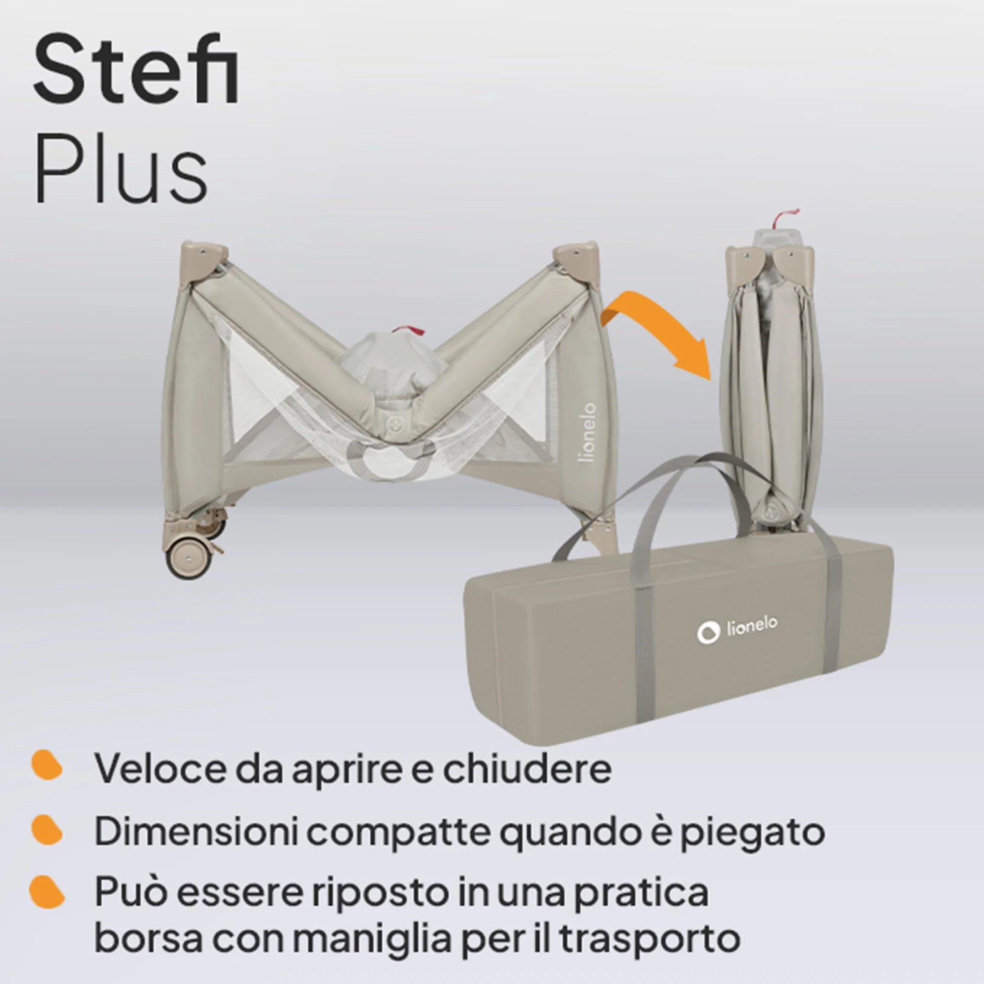 LIONELO STEFI PLUS Lettino da Viaggio Pieghevole 129x71x77cm per Bambini 0-3 Anni con Materasso 2 Livelli