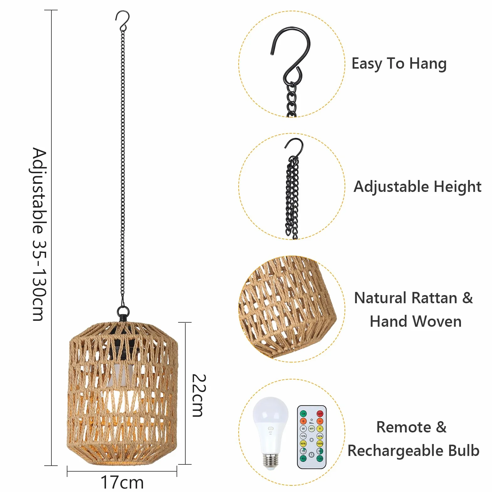 Rayofly 2 Pezzi Lampada a Sospensione Ricaricabile per Interni, Luce a Pendente Boho con Batteria, Lampada Pendente in Rattan senza Attacco Elettrico, Luci da Parco per Esterni con Bulbo e Telecomando
