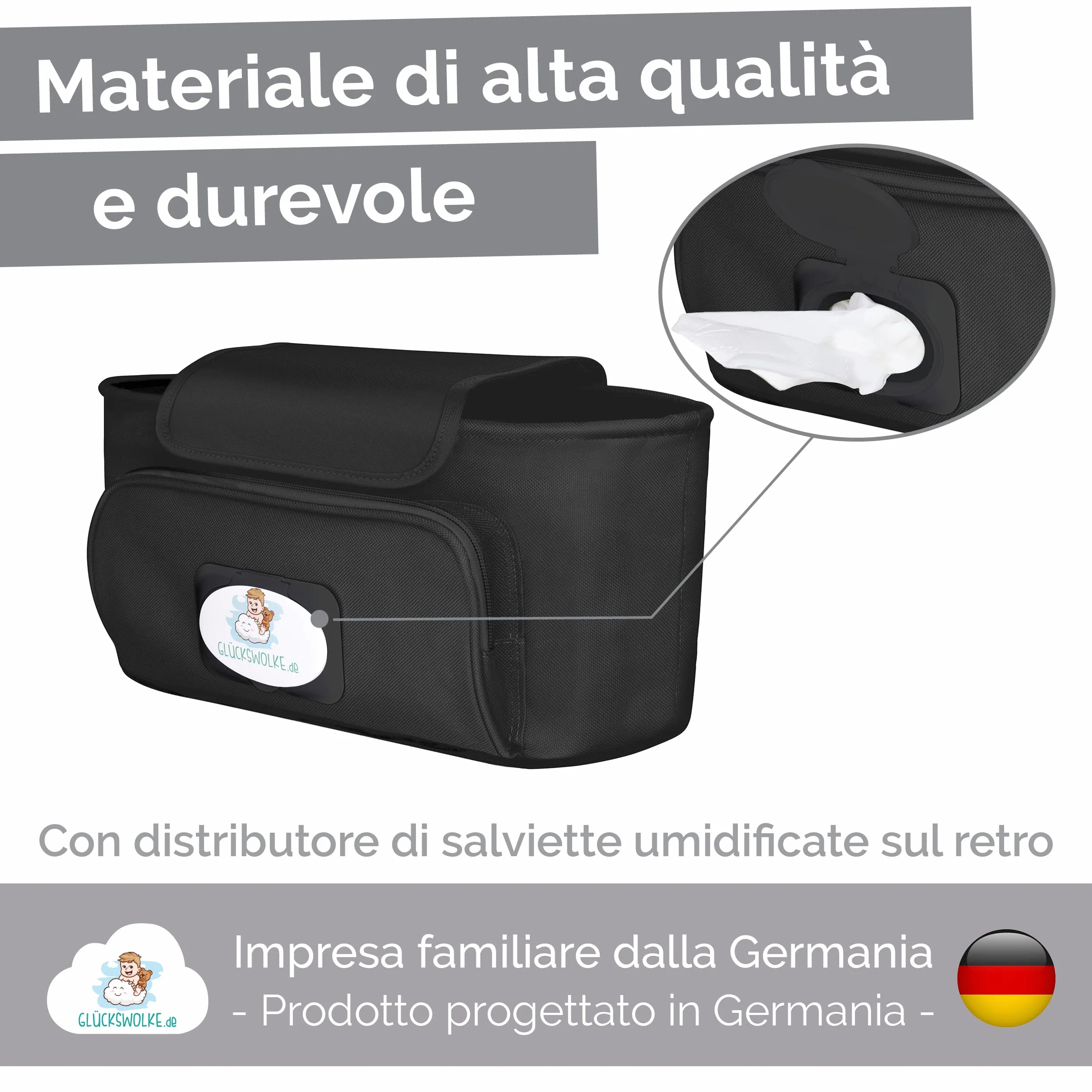 GLÜCKSWOLKE Borsa per Passeggino 12 Motivi Organizer Carrozzina Neonato Portaoggetti Dispenser Salviette Universale Elefante Nero