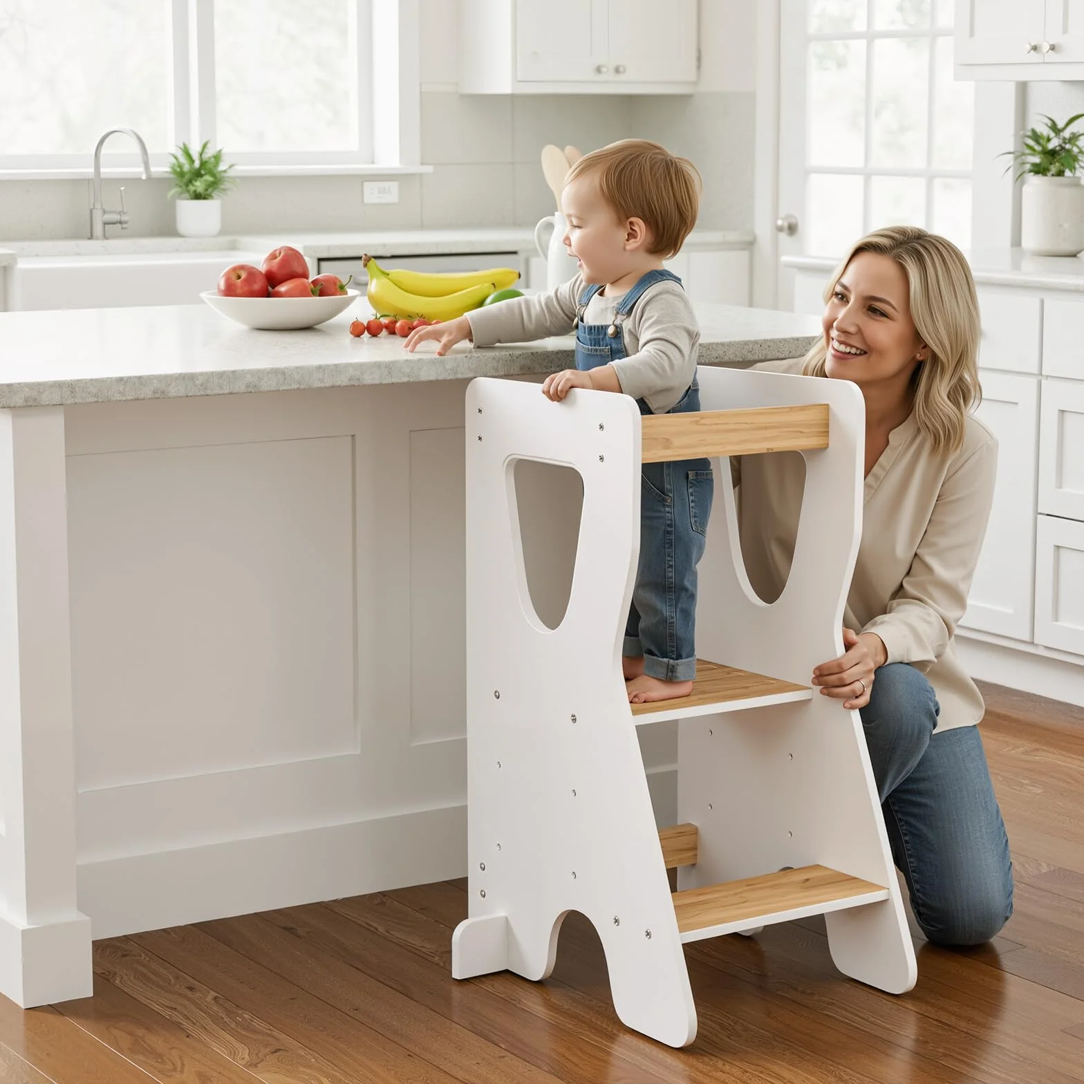 COSYLAND Torre Montessoriana Bambini Legno Naturale 3 Altezze Regolabili Bianco e Naturale