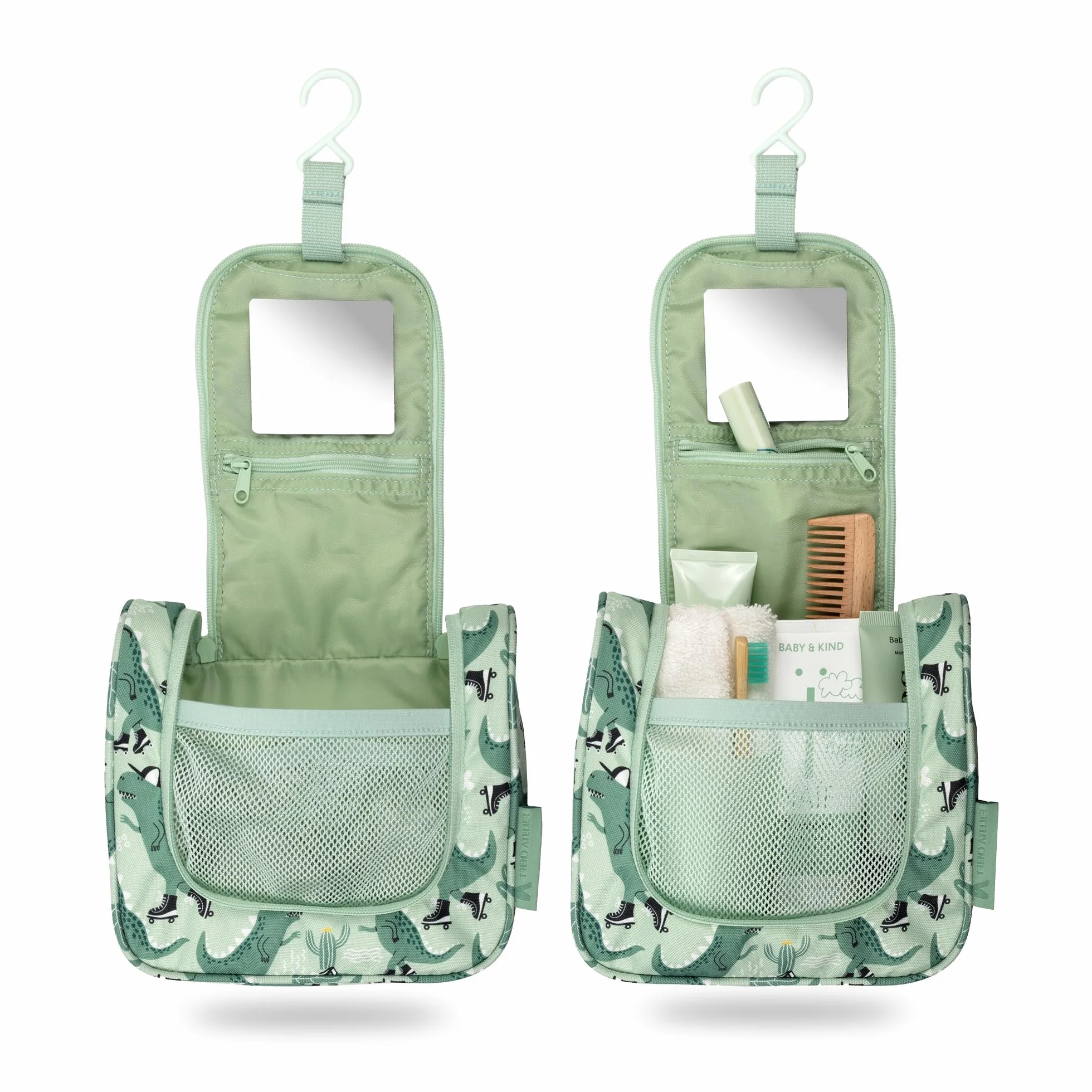 Beauty case bambino appendere trousse toilette sostenibile poliestere riciclato idrorepellente specchio scomparti Dinosauro Verde