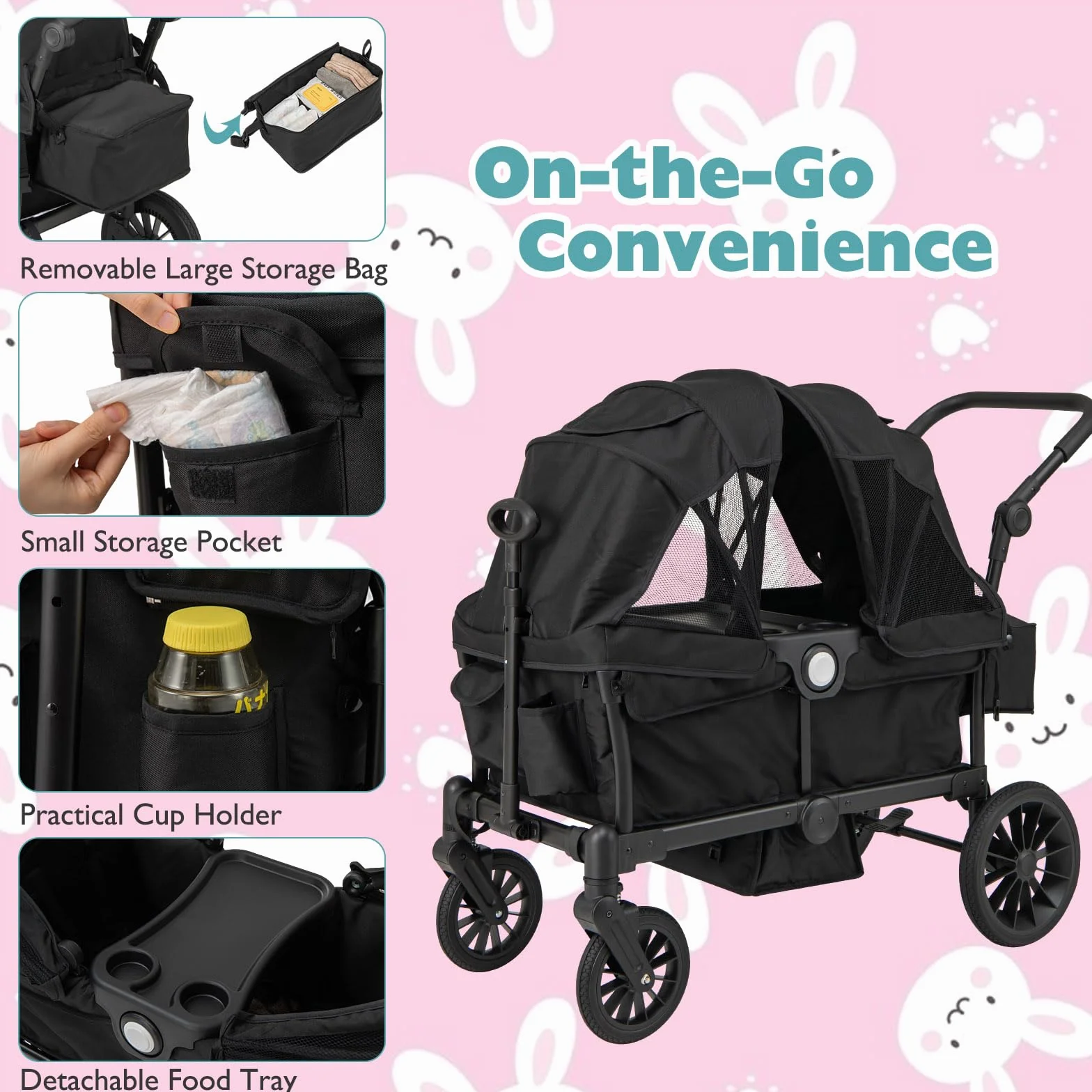 LIFEZEAL Carrello Porta 2 Bambini 6+ Mesi Pieghevole Regolabile con Tettuccio Max 50kg Nero