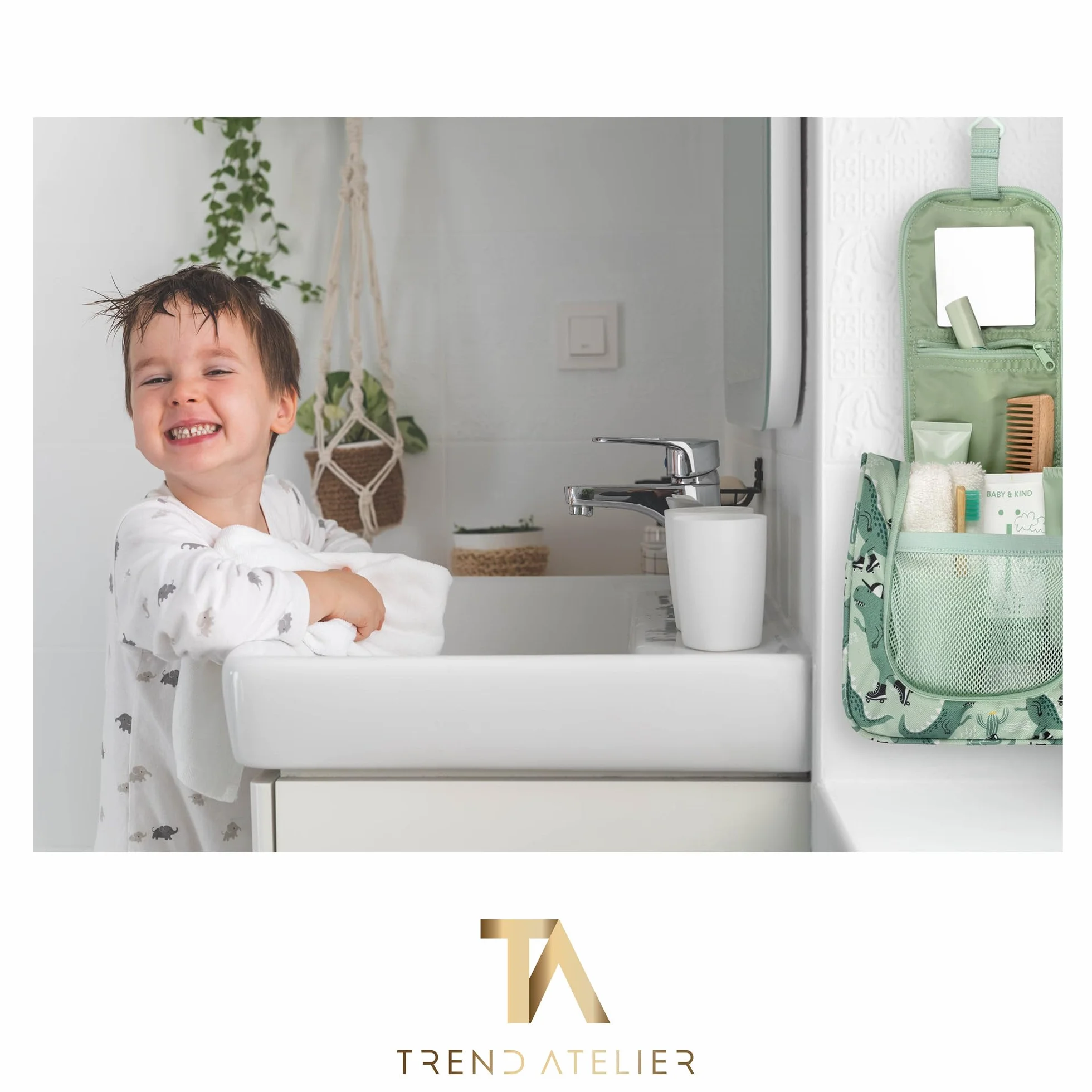 Beauty case bambino appendere trousse toilette sostenibile poliestere riciclato idrorepellente specchio scomparti Dinosauro Verde