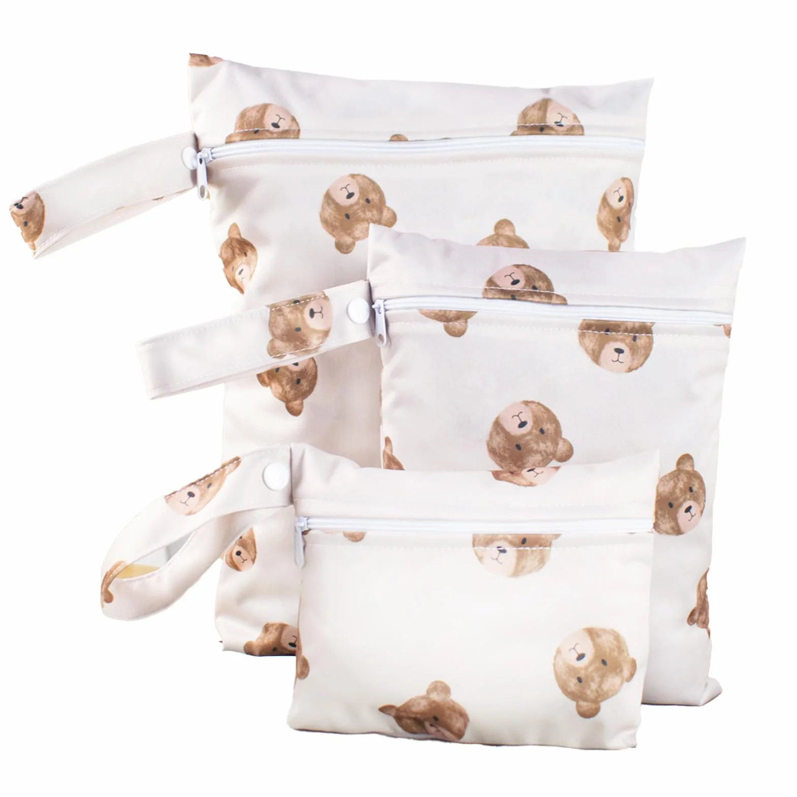 Borsa Pannolini Impermeabile Wet Bag 3 Pezzi Modello Orso con Zip da Appendere per Viaggio