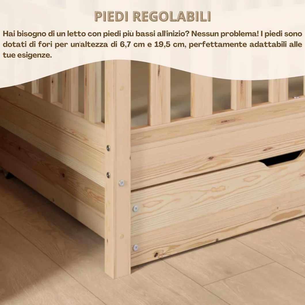 Letto Montessori a Pavimento 200x120 cm Legno Naturale con Cassetti