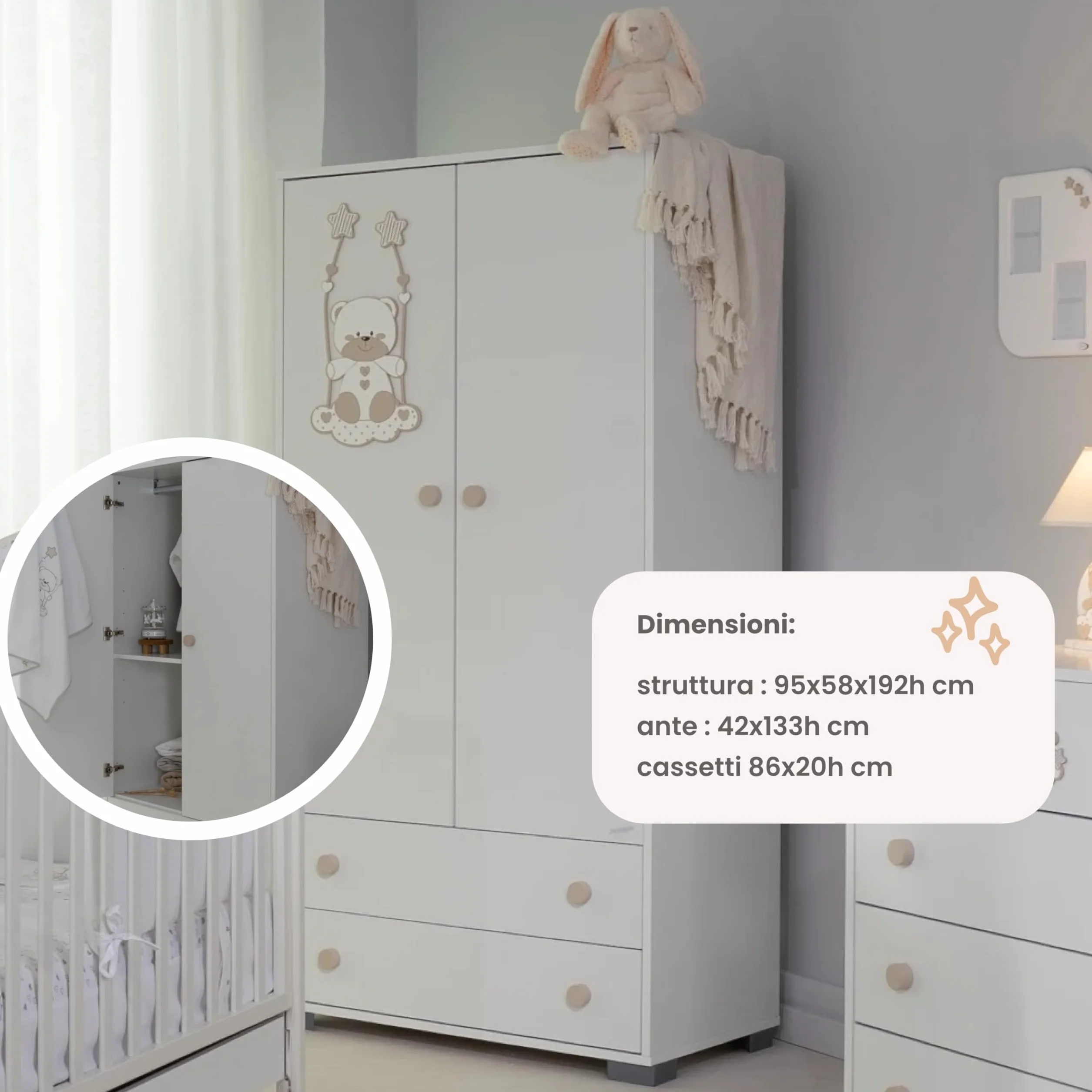 Armadio Cameretta 2 Ante A Chiusura Rallentata 3 Mensole Regolabili 2 Cassetti 95X58X192H CM PRODOTTO IN ITALIA