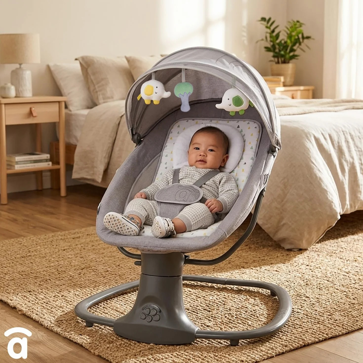 Amaca a dondolo con musica Bluetooth oscillazione automatica 5 livelli tettuccio zanzariera giocattolo poggiatesta 0 mesi 9 kg tessuto lavabile