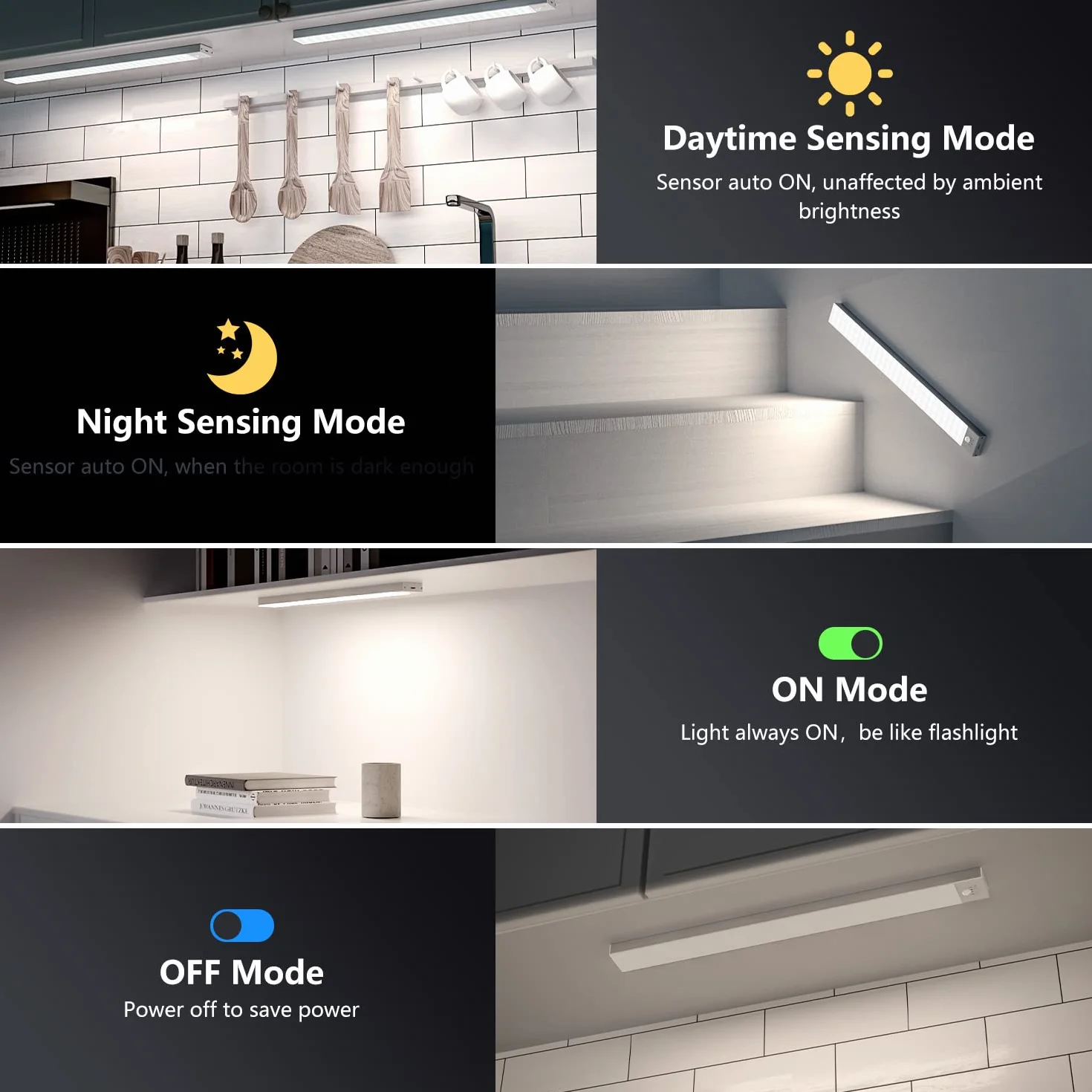 OUILA Luce Led Sottopensile Cucina 43cm, 2PCS 2500mAh, 4 Modalità con Sensore Movimento,5000K, Luce Armadio Led con Sensore per Armadio Scale Corridoio Garage Letto