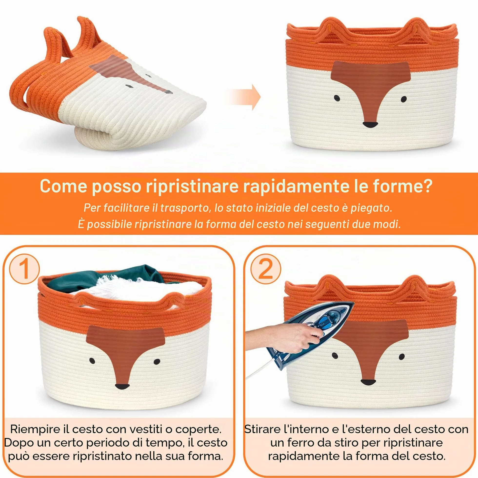 Cesto portaoggetti in cotone per giocattoli e biancheria Volpe, decorazione cameretta bambini