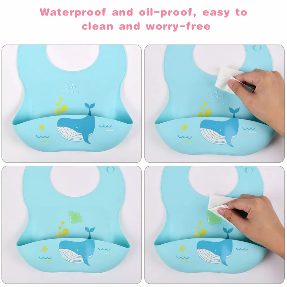 Bavaglini 3D Silicone Impermeabile Senza BPA 2PCS con Tasca Raccoglipappa 4 Misure Regolabili per Bambini Neonati Dinosauro Balena
