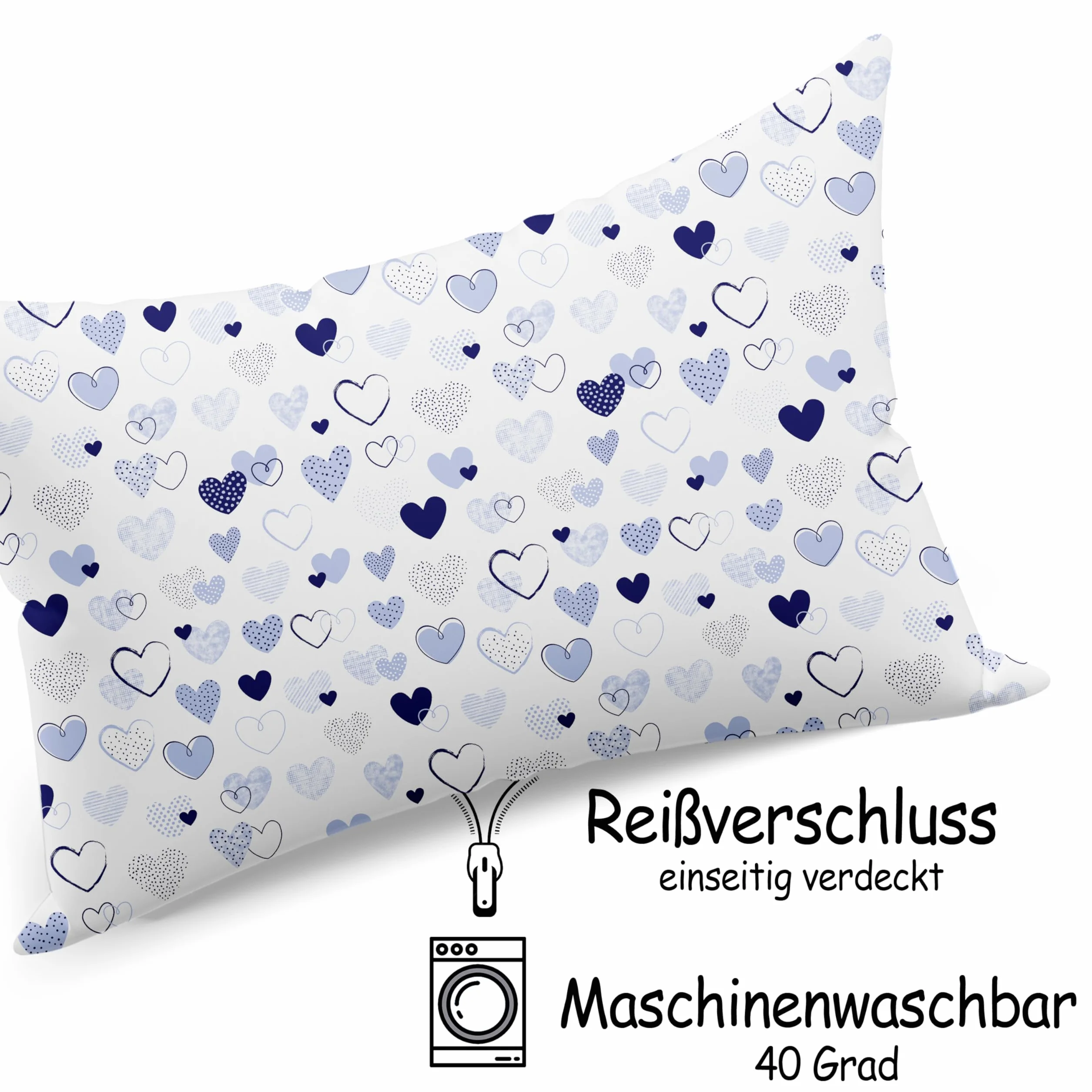 Federa per cuscino 40x60 cm 100% cotone Öko-Tex 100 con chiusura lampo cuori blu