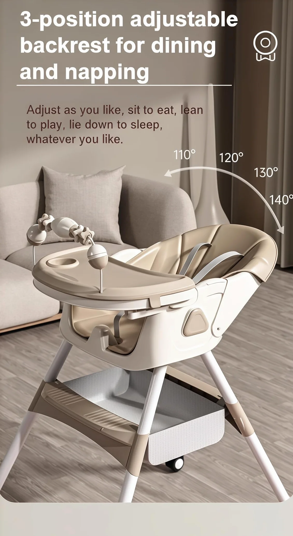 Seggiolone per Bambini Multifunzionale con Oscillazione e Schienale Regolabile 3 Velocità Doppi Vassoi Staccabili Ruote (560 Khaki)