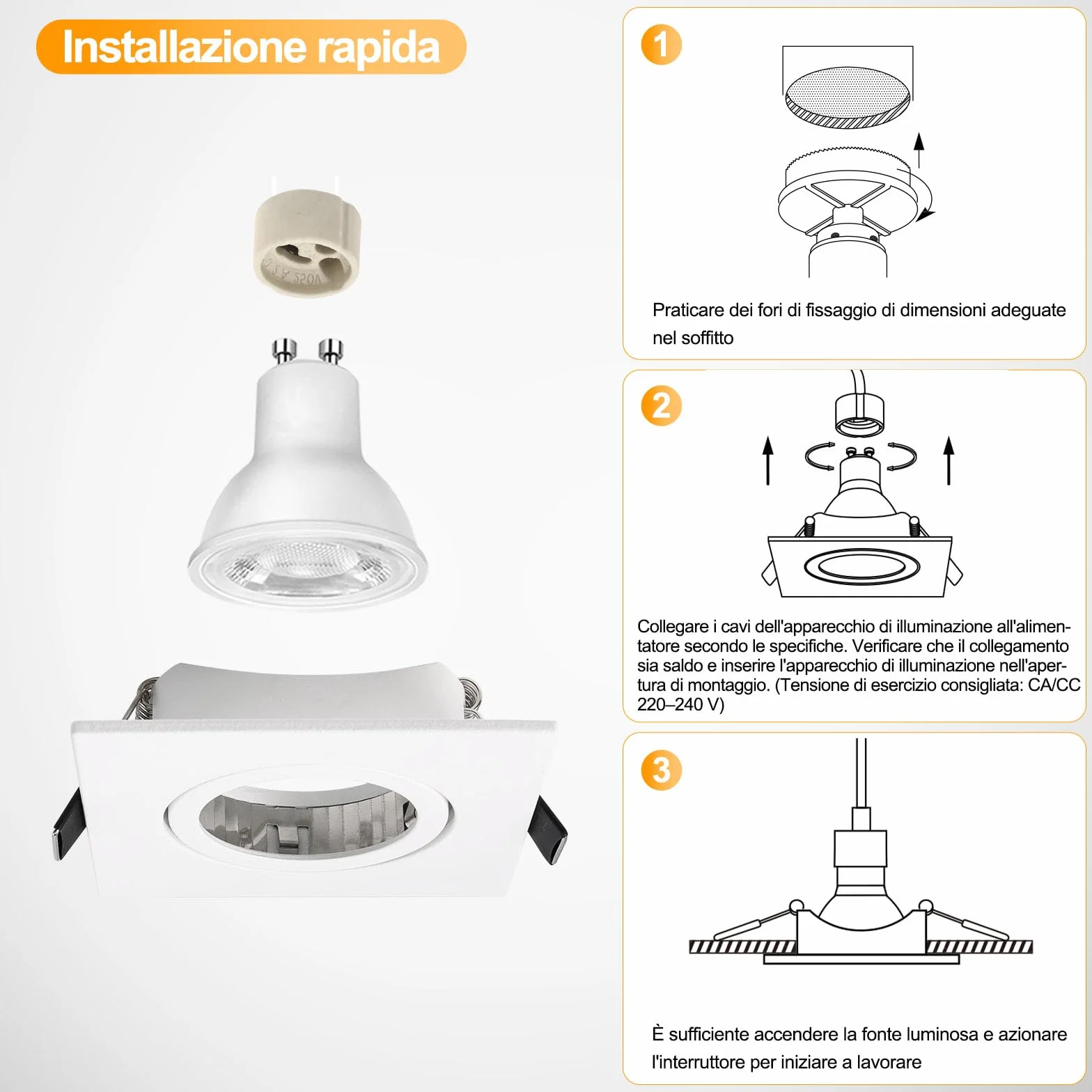 KYOTECH Cornice Faretto Incasso GU10 Orientabile Portafaretto da Incasso Bianco,Per GU10, alogeno e MR16, Faretti led da incasso per cartongesso incl. portalampada,Set da 6 (Quadrata)