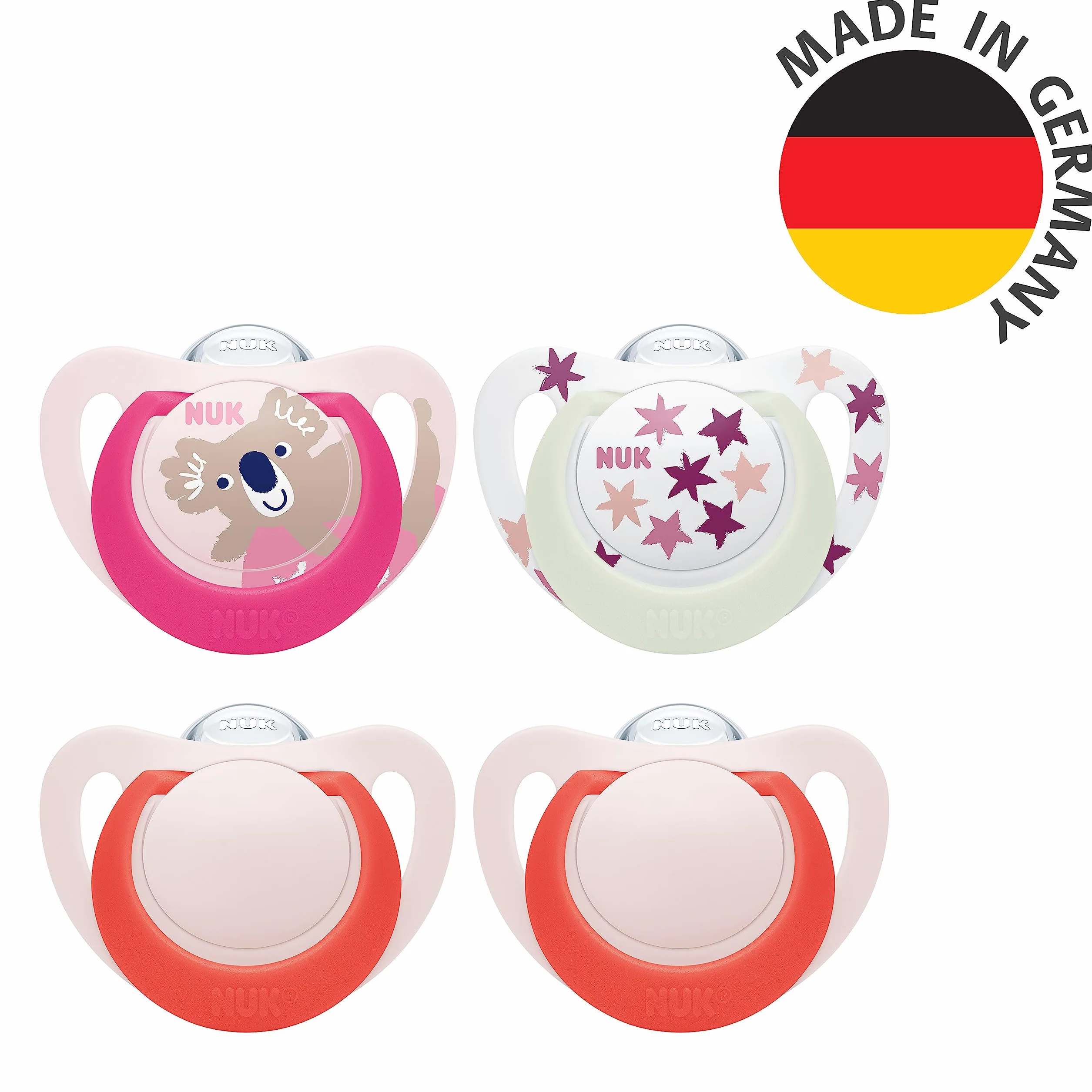 NUK Star Day & Night Ciuccio 18-36 Mesi 4 Pezzi Silicone Senza BPA Glow-In-The-Dark Koala