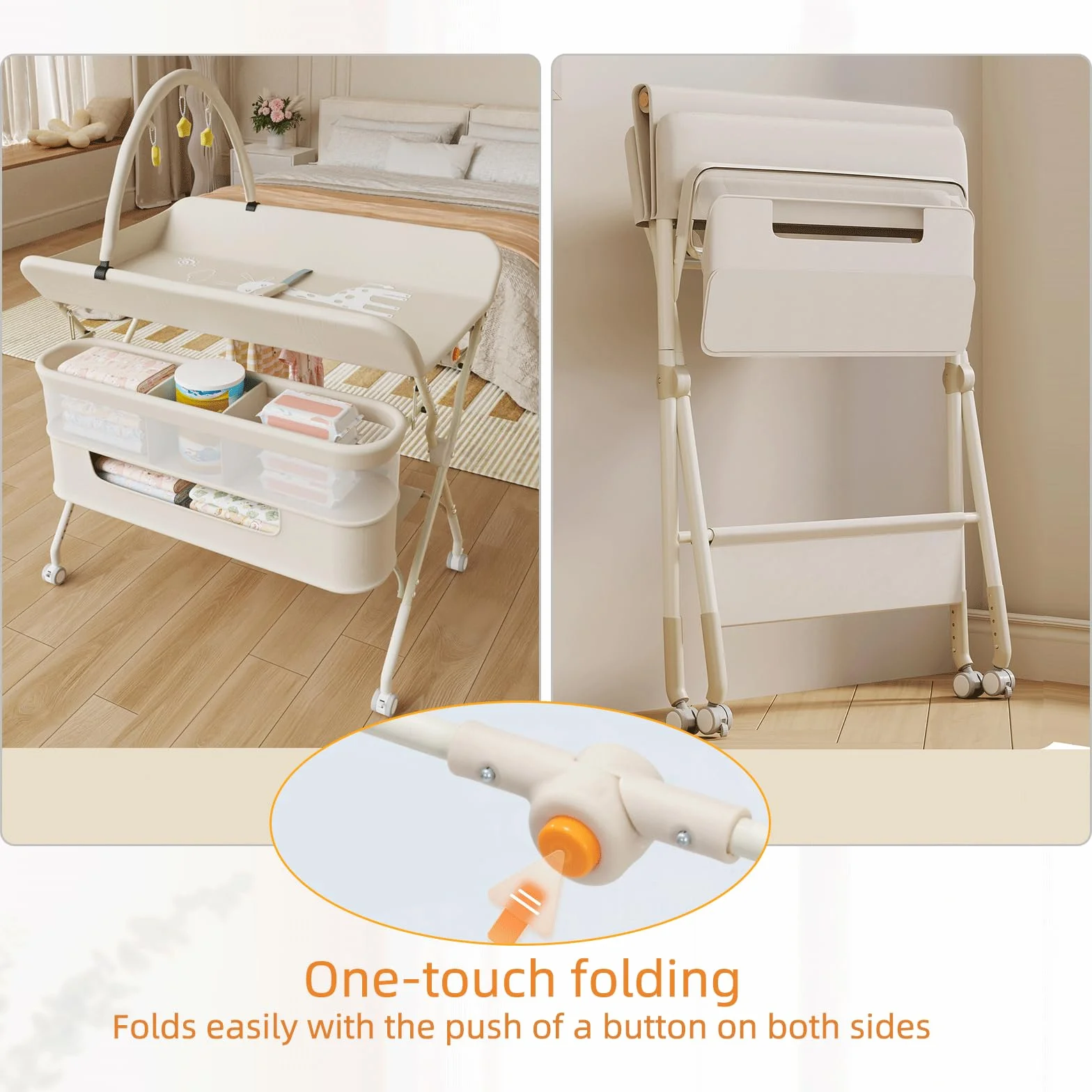 Fasciatoio Neonato Pieghevole Portatile Altezza Regolabile con Ruote Silenziose 360° Bloccabili Bianco Latte 75x68x83-91cm