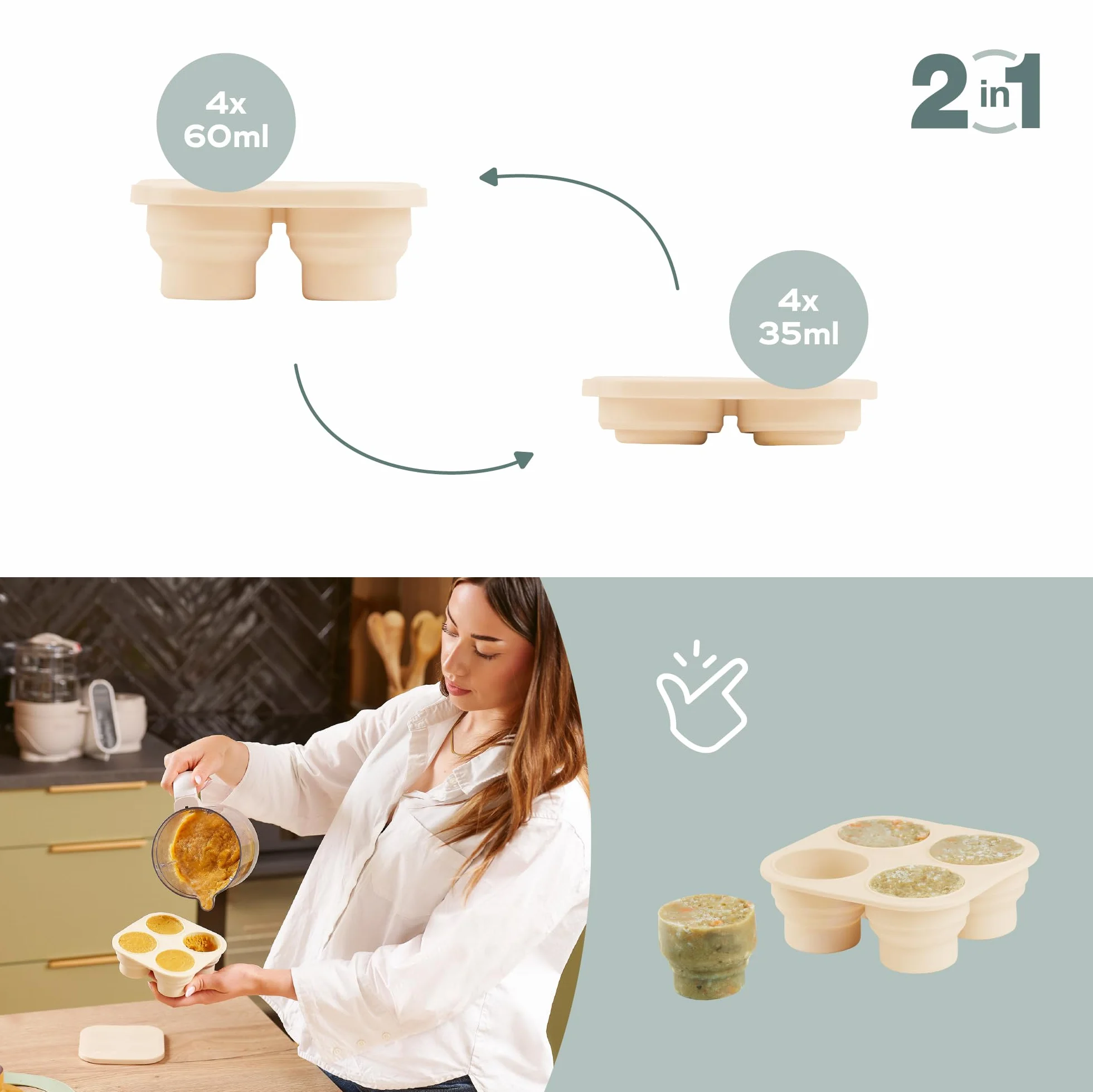 Babymoov Contenitori in silicone per alimenti bambini con succhiotto frutta 2 vaschette congelamento pappe coperchio
