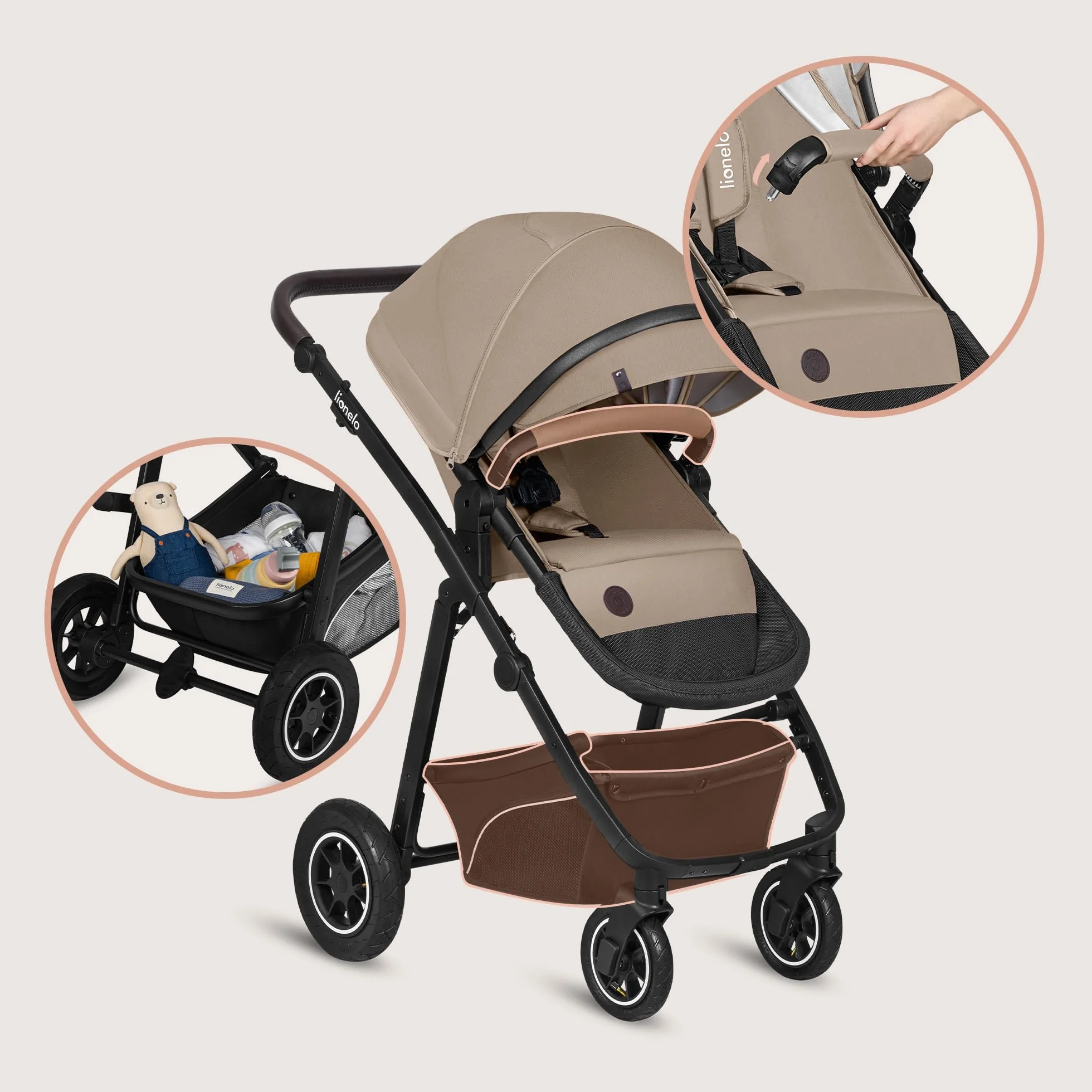 Passeggino 3 in 1 per Bambini 0-48 mesi, Sistema Modulare con Seduta, Navicella, Ovetto Neonato, Leggero, Pieghevole, Ruote Grandi, Cappottina XXL UPF50+