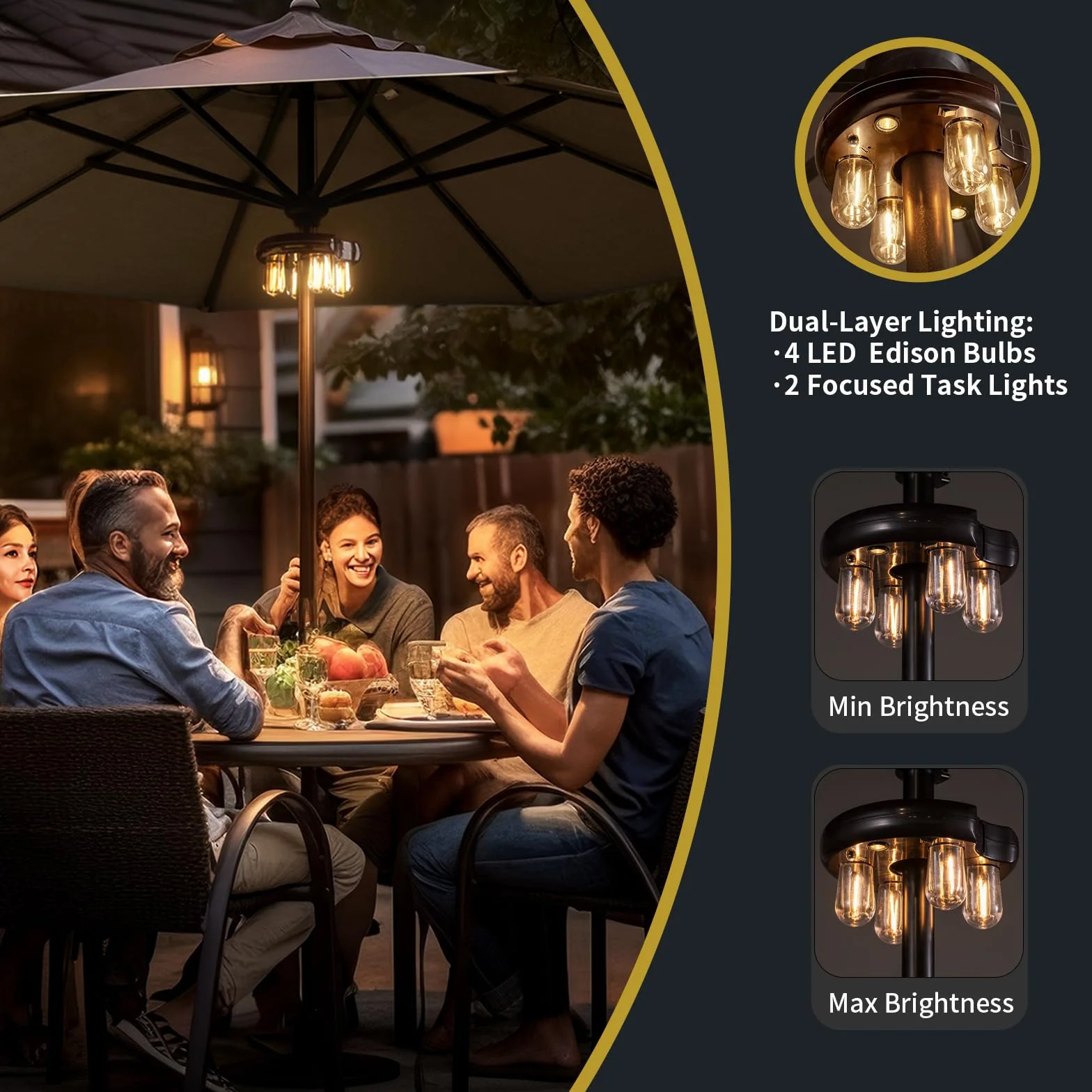 Luce per ombrellone da patio con telecomando, ricaricabile senza fili, luce per palo con lampadine LED Edison a 10 livelli di luminosità per giardino, patio, cortile, campeggio o barbecue