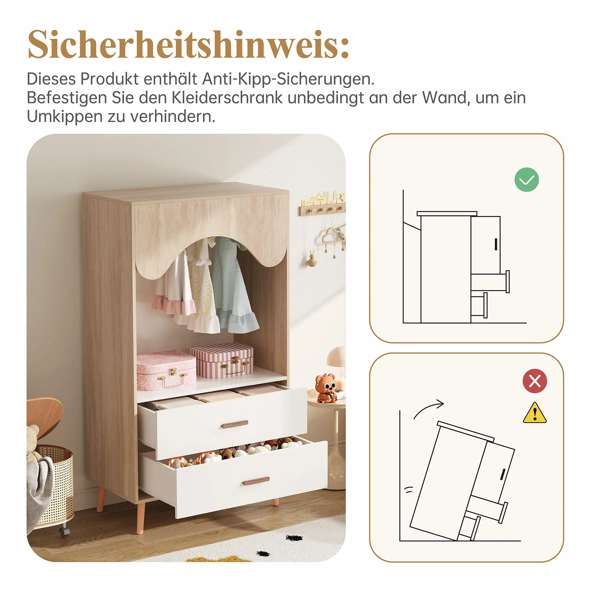 Soweiz Appendiabiti per bambini con porta scorrevole, bianco + legno naturale, 141,5 cm