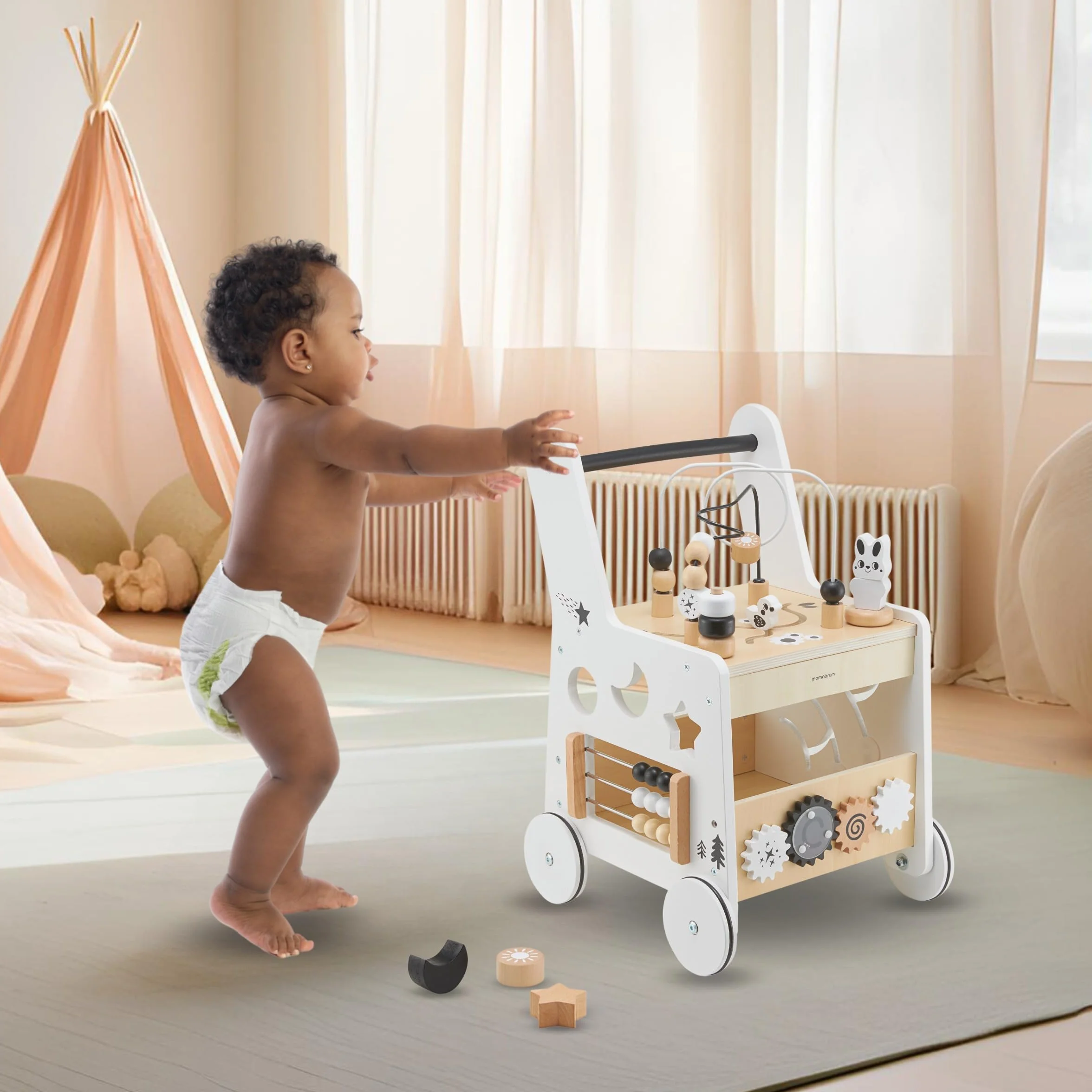 Mamabrum Primi Passi 6 w 1 Spintore Legno Tavolo Didattico Giochi Bambini Abaco Loop Motorio 31x28x49cm