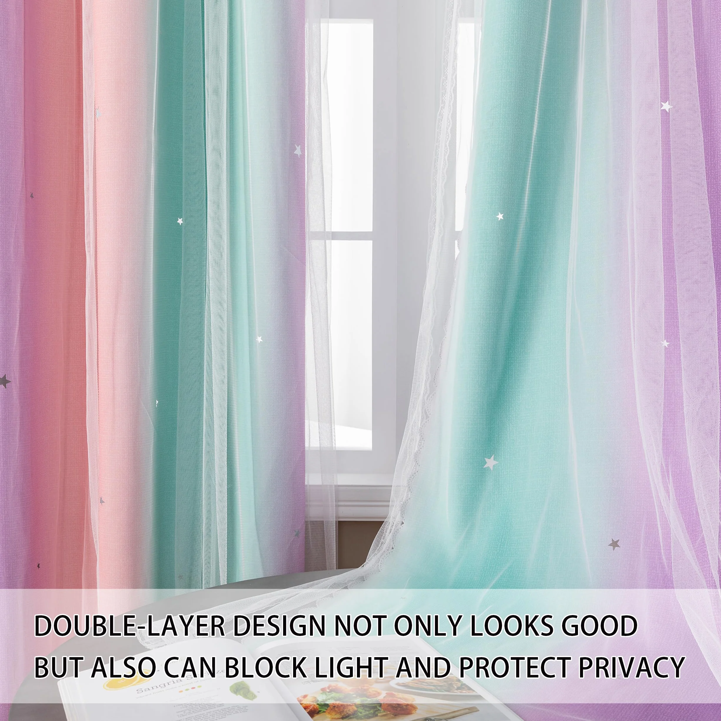 Tende per Camera da Letto 213cm Doppio Strato Star Cutout Arcobaleno Pink PurpleGreen
