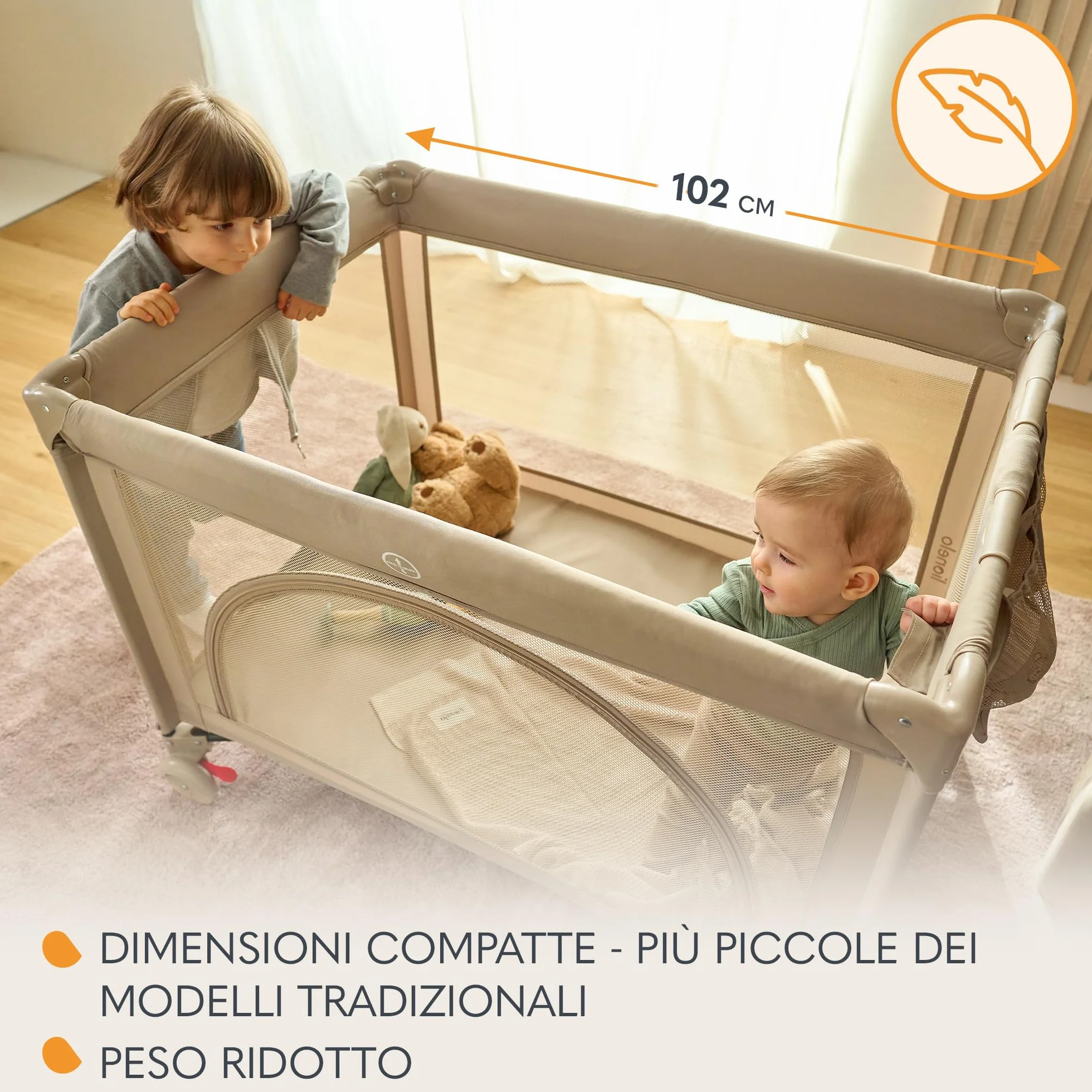 Lionelo LAURA Lettino da viaggio 2 in 1 fino a 15 kg per bambini 0-36 mesi Materassino in schiuma T25 2 livelli altezza Borsa viaggio Ruote con freno