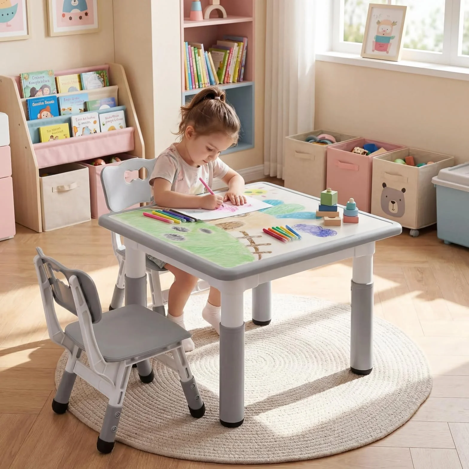 MAMIZO Tavolo Bambini con 2 Sedie Regolabile in Altezza Plastica Grigio Quadrato 60x60 cm