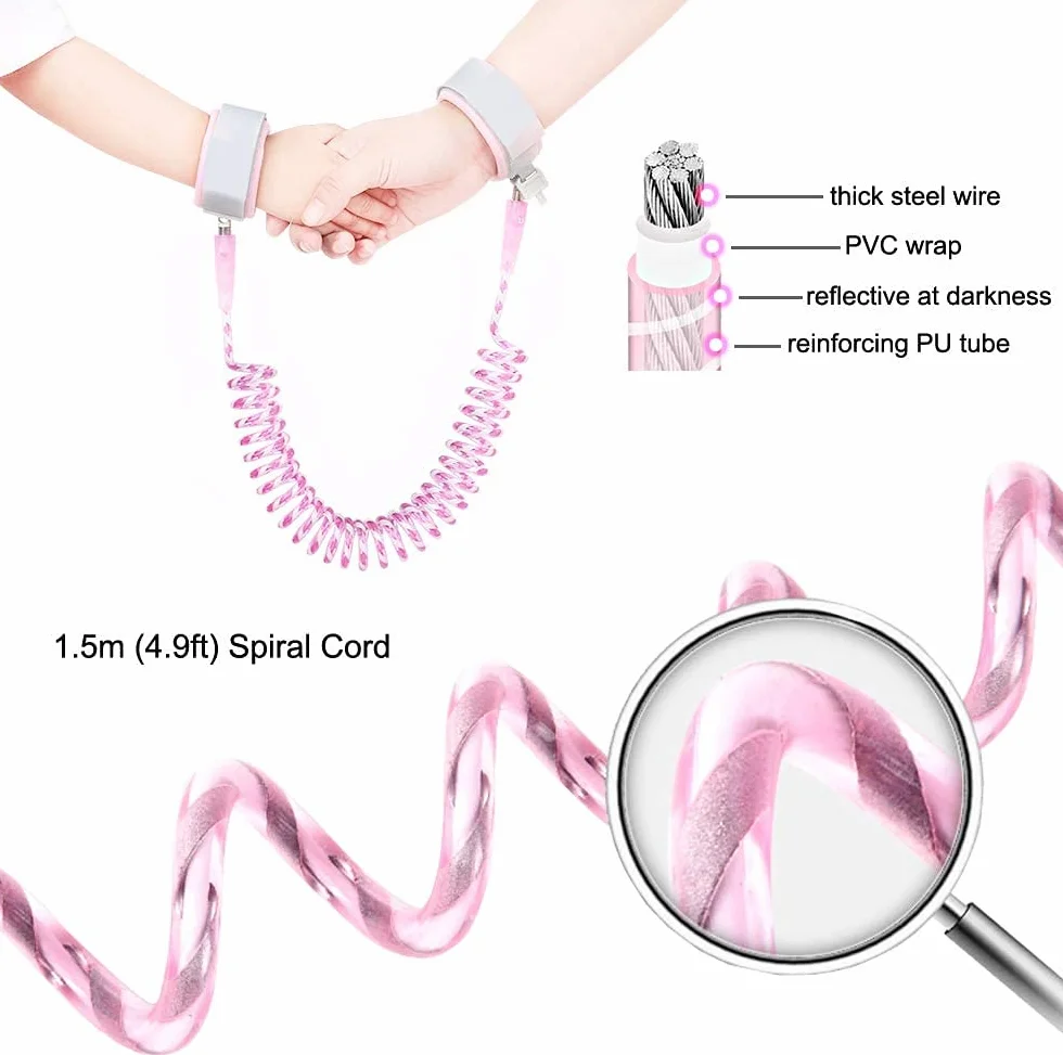HEIHEI Guinzaglio di sicurezza per bambini set 3 in 1 cintura da polso anti-perso zaino cintura in gomma rosa 1,5 m