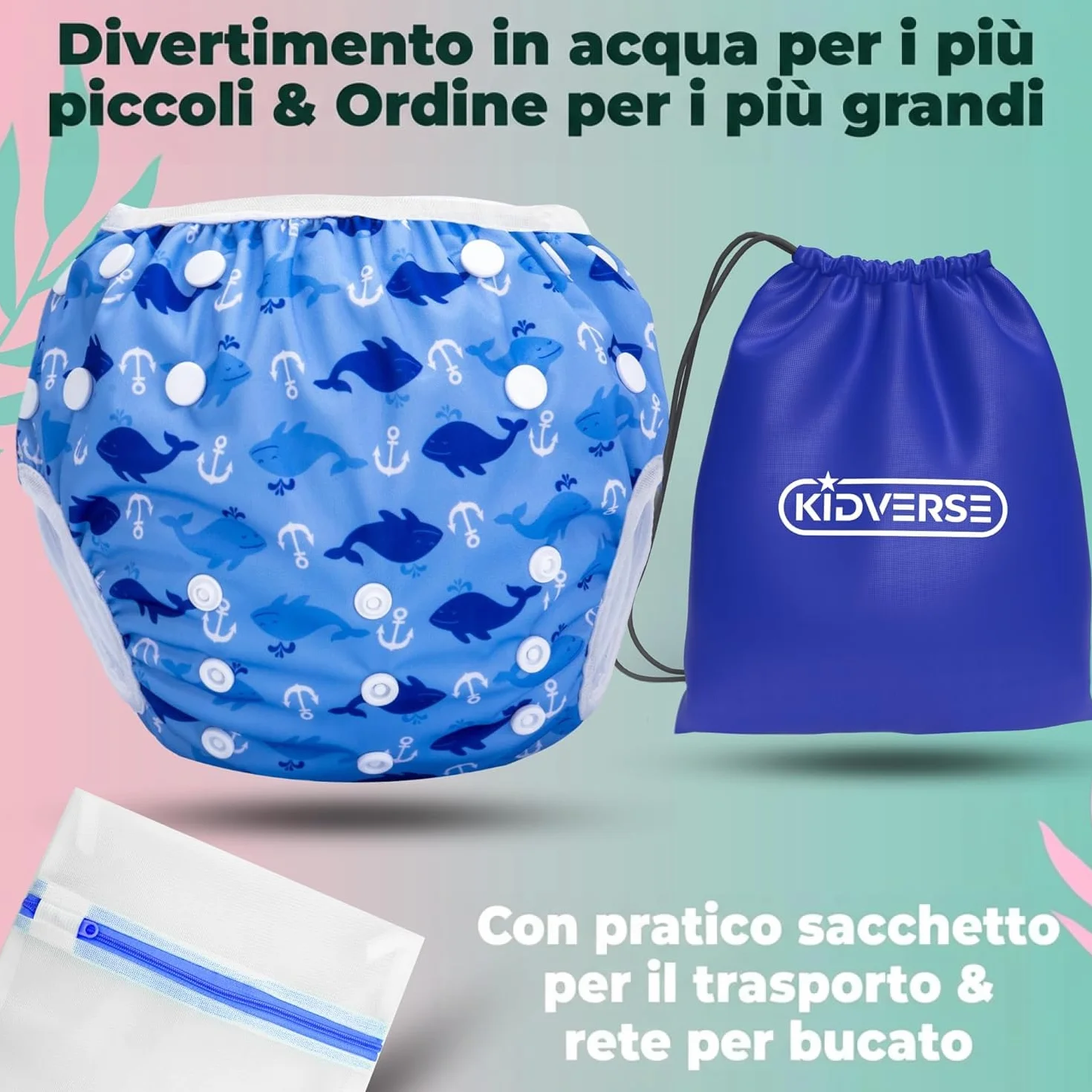 KIDVERSE Pannolini Acquatici Baby Costume da Bagno 0-3 Anni – Pannolino Piscina Neonato Regolabile con Borsa e Rete