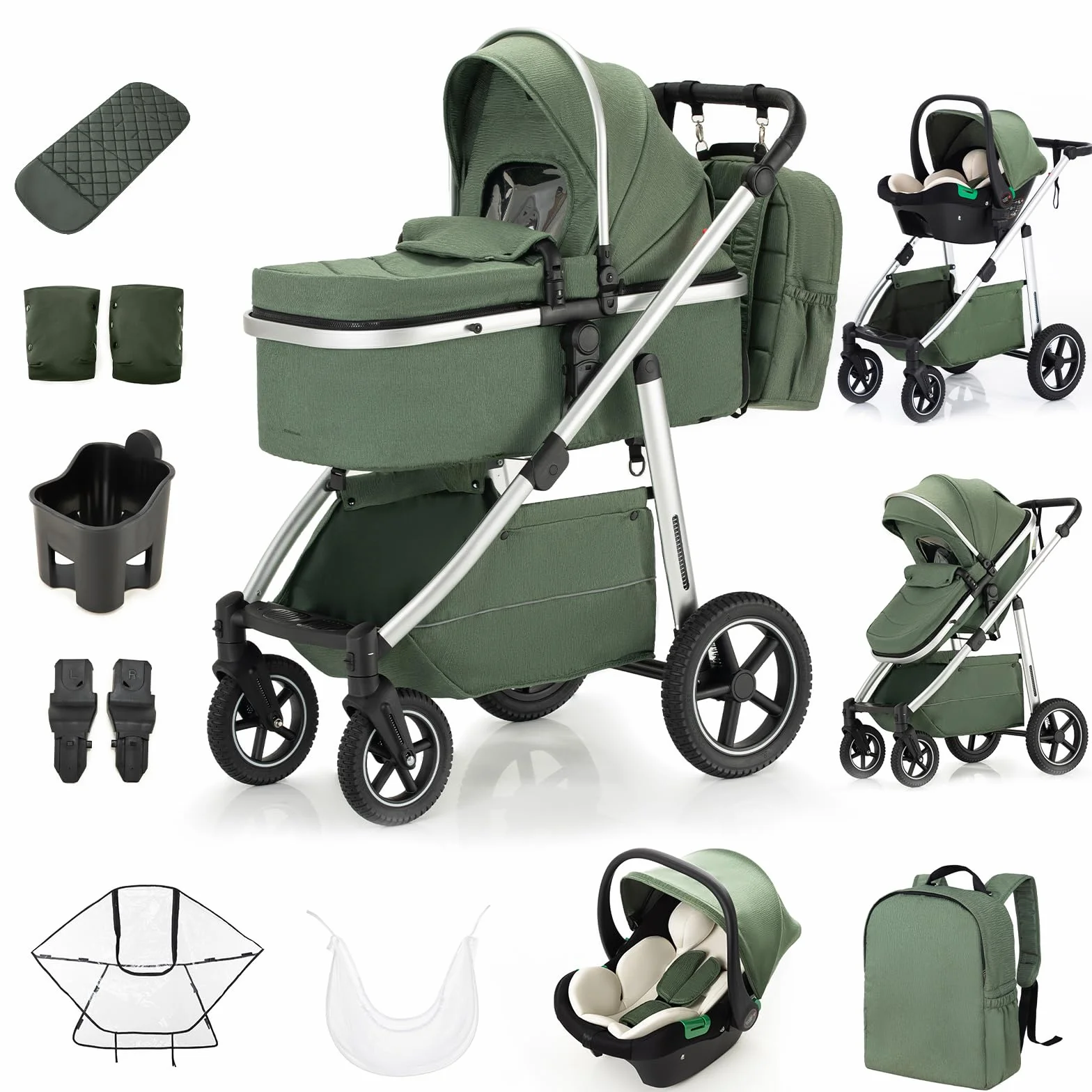 Passeggino 3 in 1 da viaggio, carrozzina e seggiolino auto, telaio in alluminio massiccio, nero