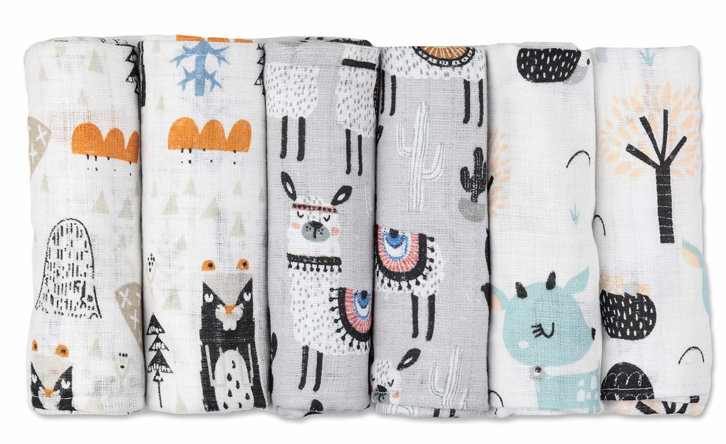 Neonato Mussola Pacco da 6 70x80cm Grigio Animali Bimbo e Bimba OEKO-TEX STANDARD 100