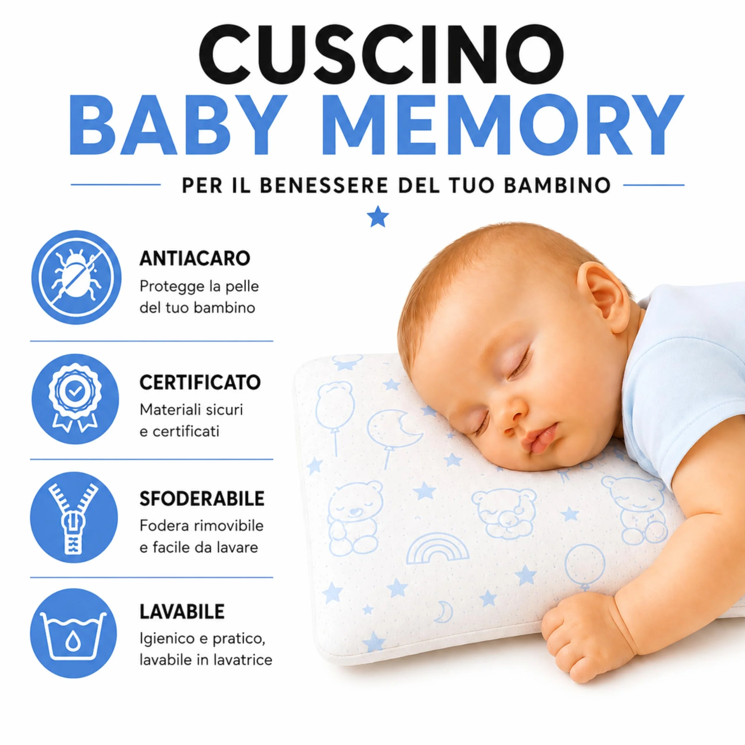 Cuscino Baby Memory Foam Antisoffoco Modello a Saponetta Forata Ipoallergenico Blu