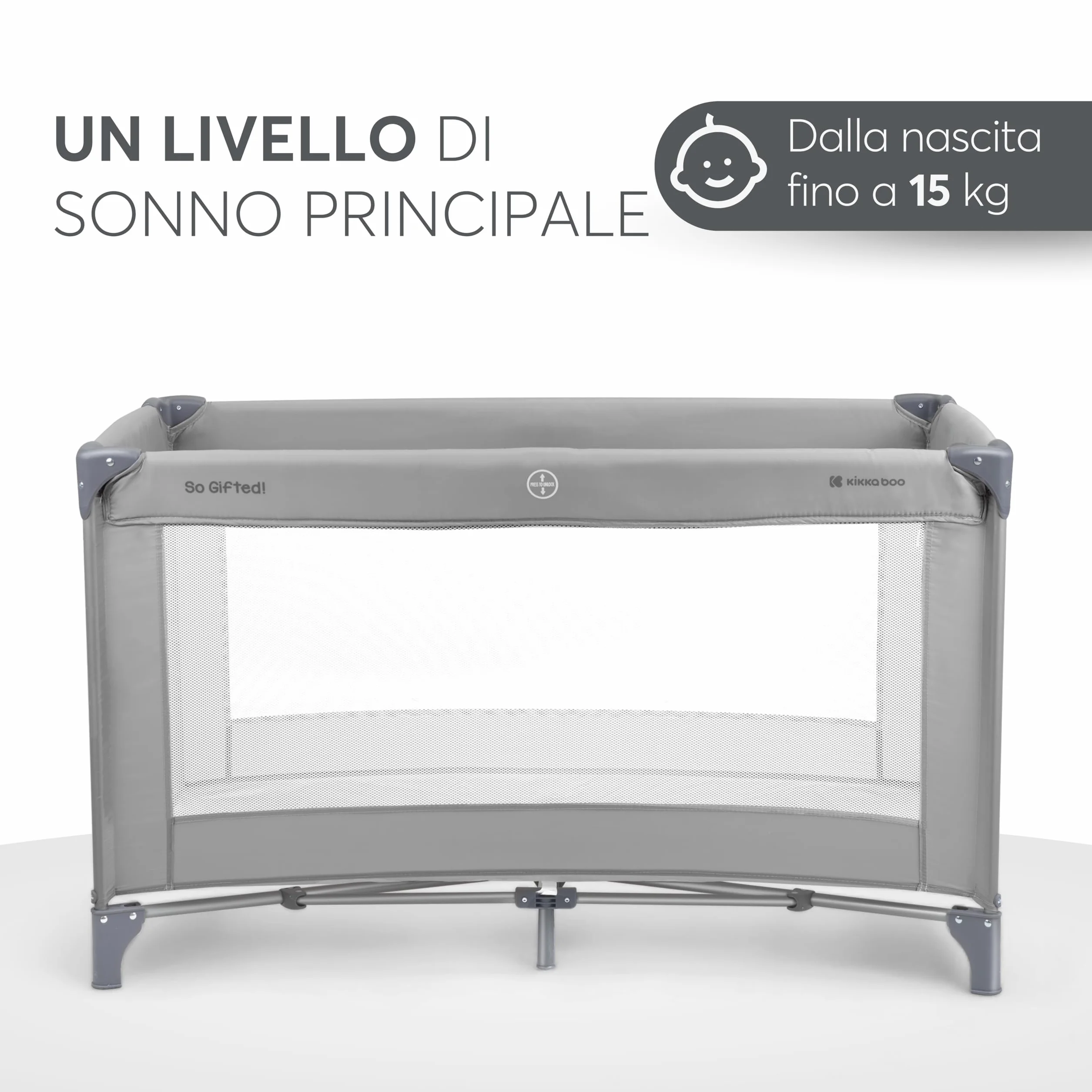 Kikka Boo Lettino da Campeggio SO GIFTED, Culla Neonato da Viaggio 120x60 cm, Fino a 15 kg, Pieghevole, Grigio