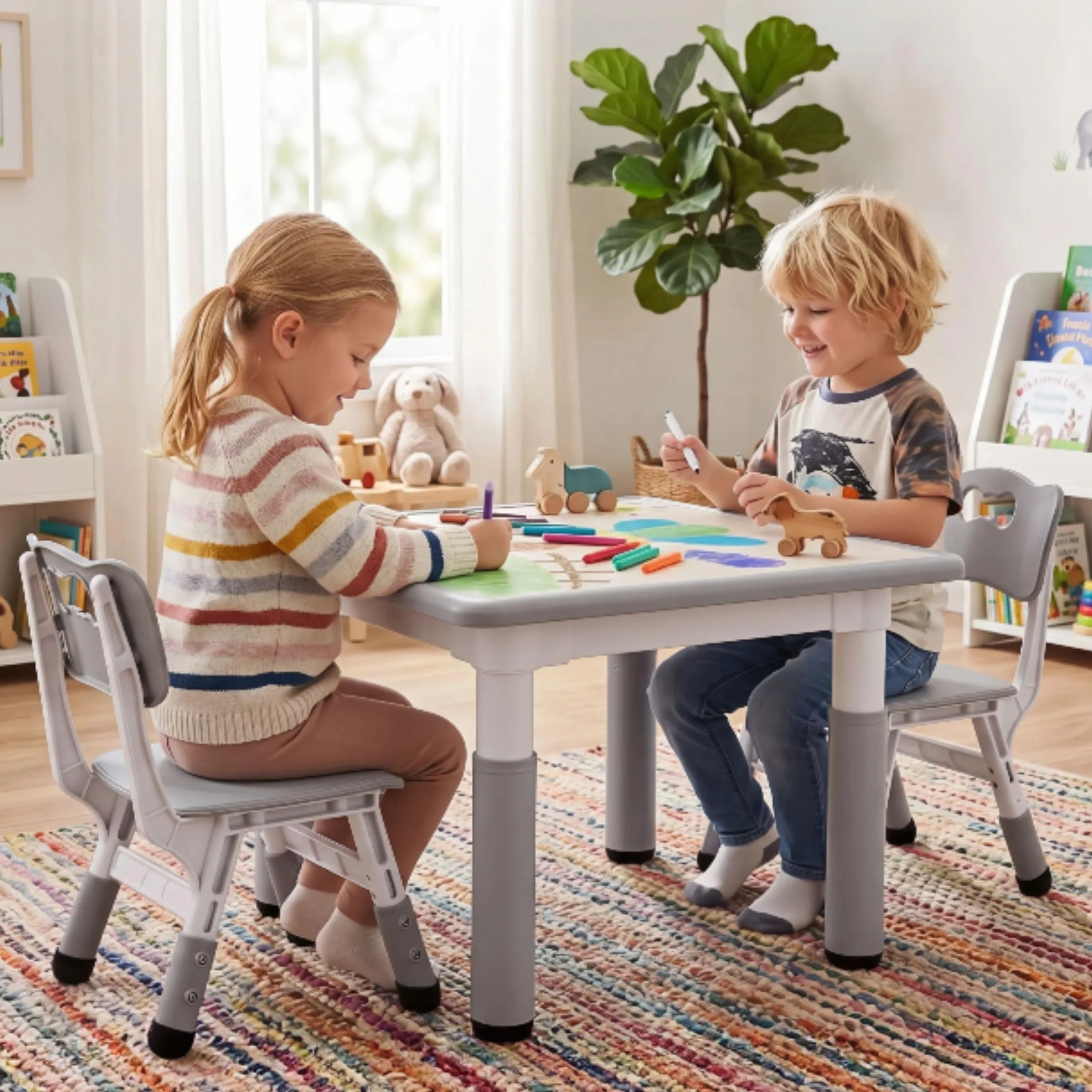 MAMIZO Tavolo Bambini con 2 Sedie Regolabile in Altezza Plastica Grigio Quadrato 60x60 cm