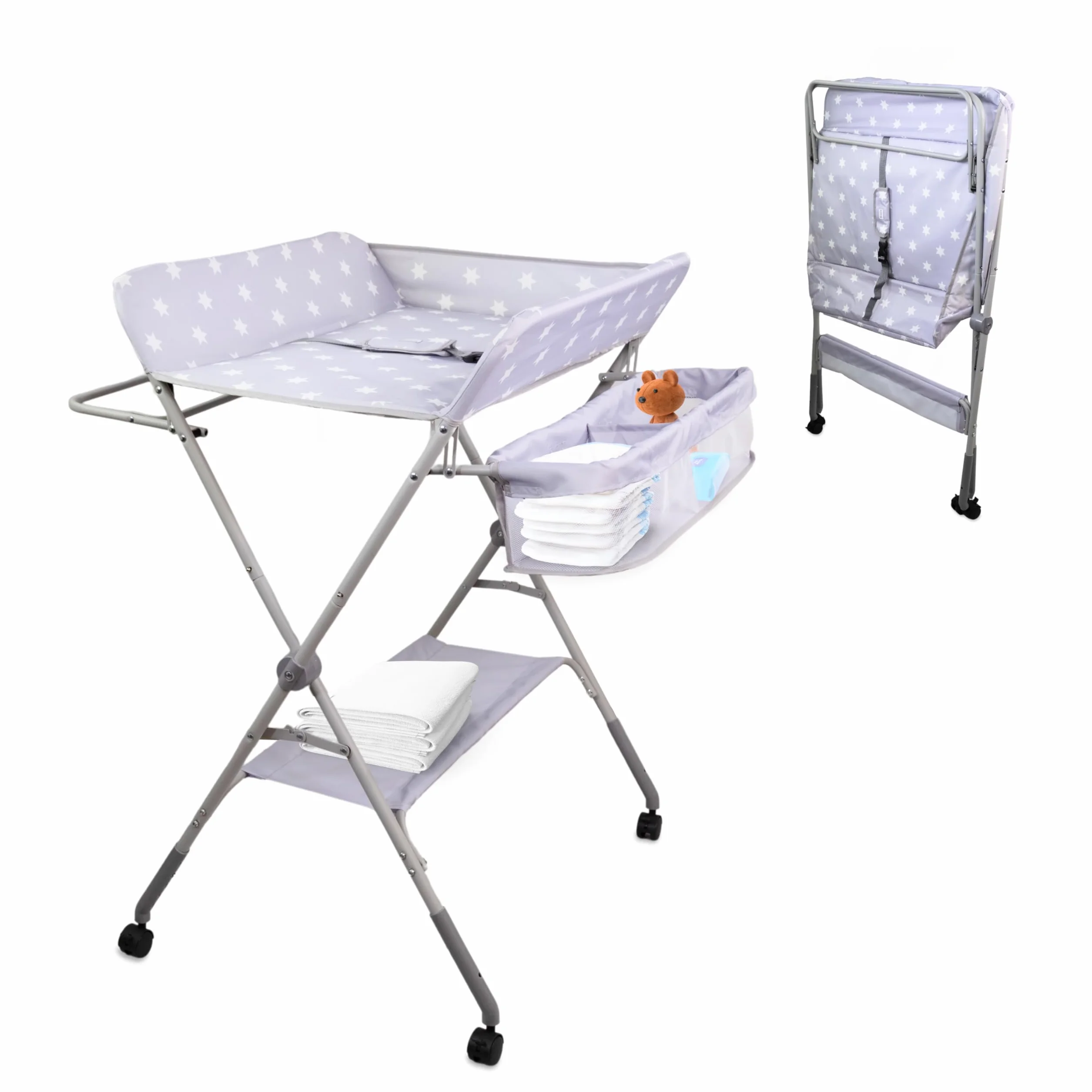 Mobiclinic Fasciatoio pieghevole per Neonati, Altezza Regolabile, Fino a 15 kg, 0-36 Mesi, Ruote a 360° Freno, Lavabile