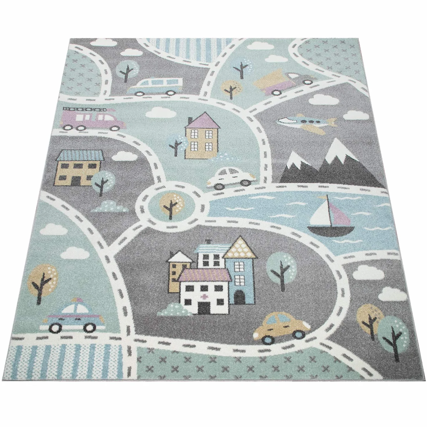 Paco Home Tappeto da gioco per bambini con motivo di strade verde grigio 120x170 cm
