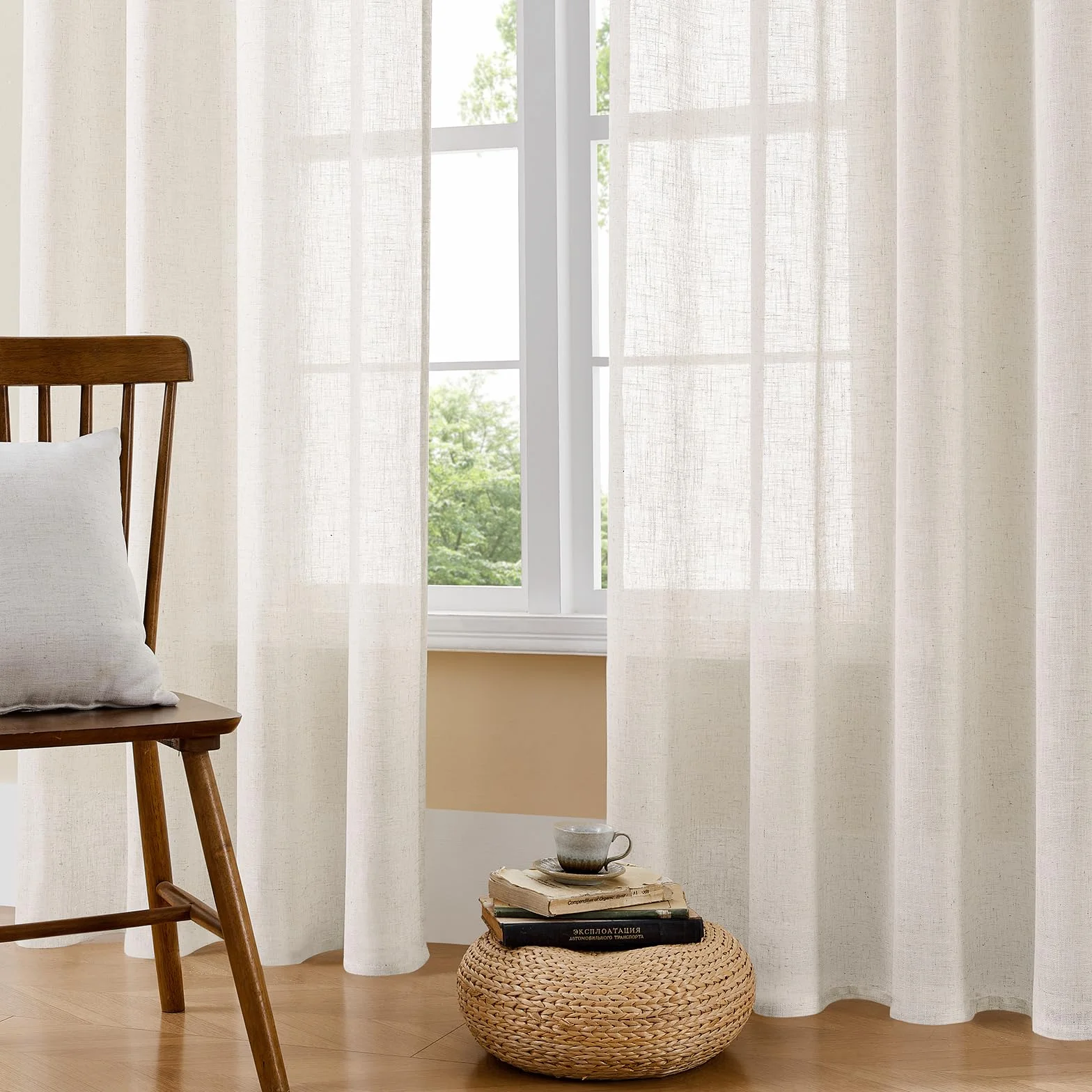 Tende in voile con occhielli Joydeco 260x140 cm bianco effetto lino set da 2 pezzi per camera da letto soggiorno
